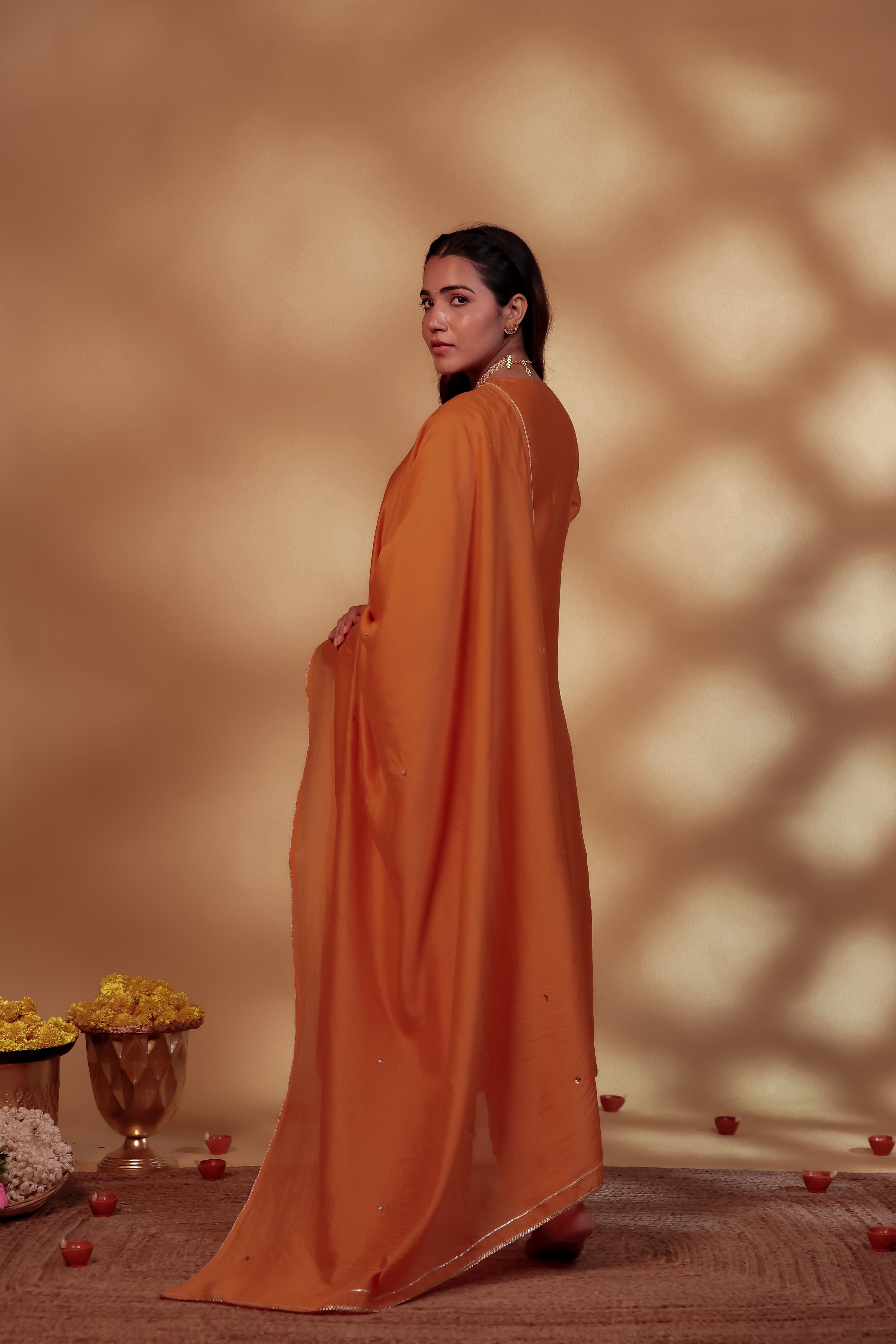 Orange Chanderi Hand Embroidered Suit Set
