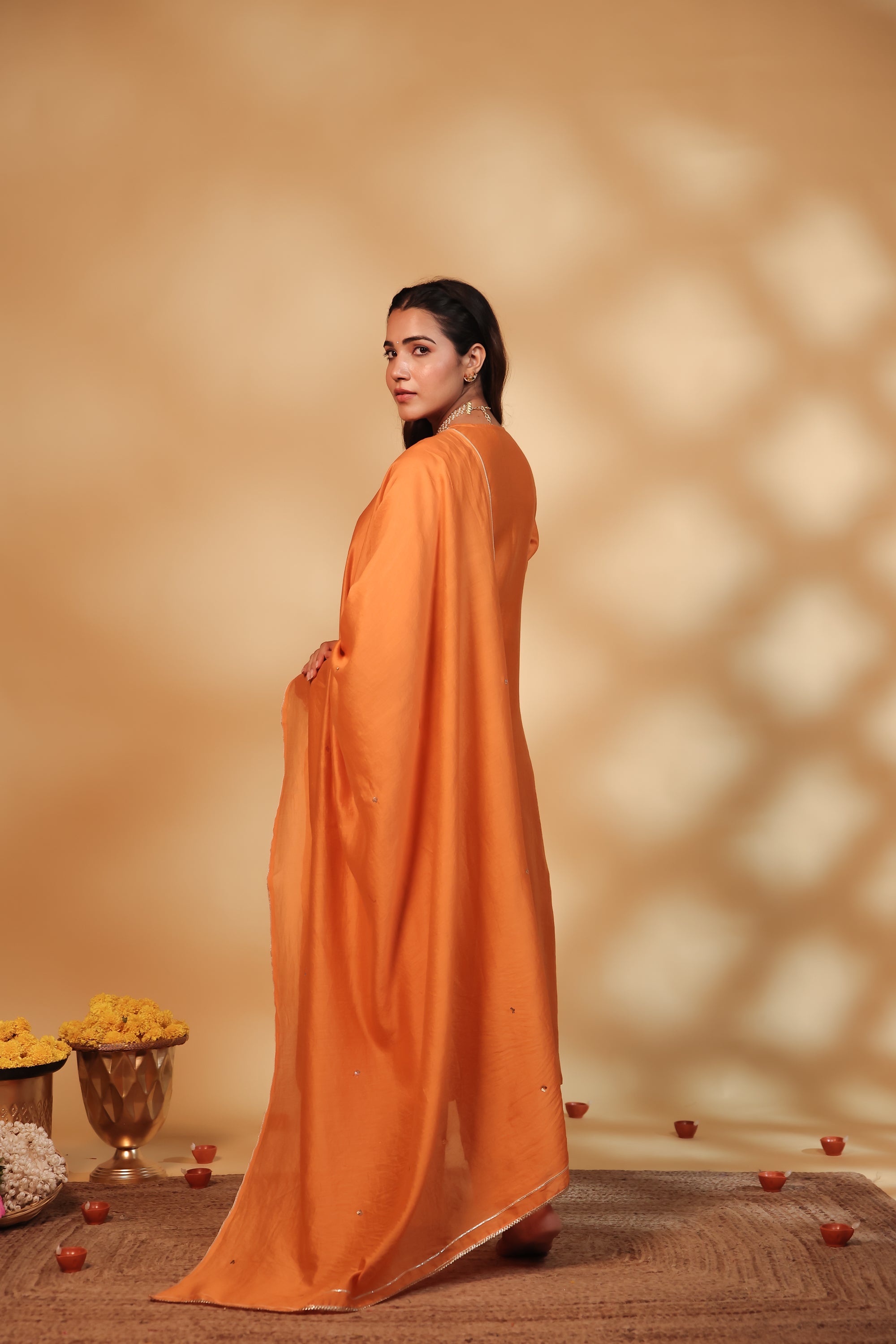 Orange Chanderi Hand Embroidered Suit Set