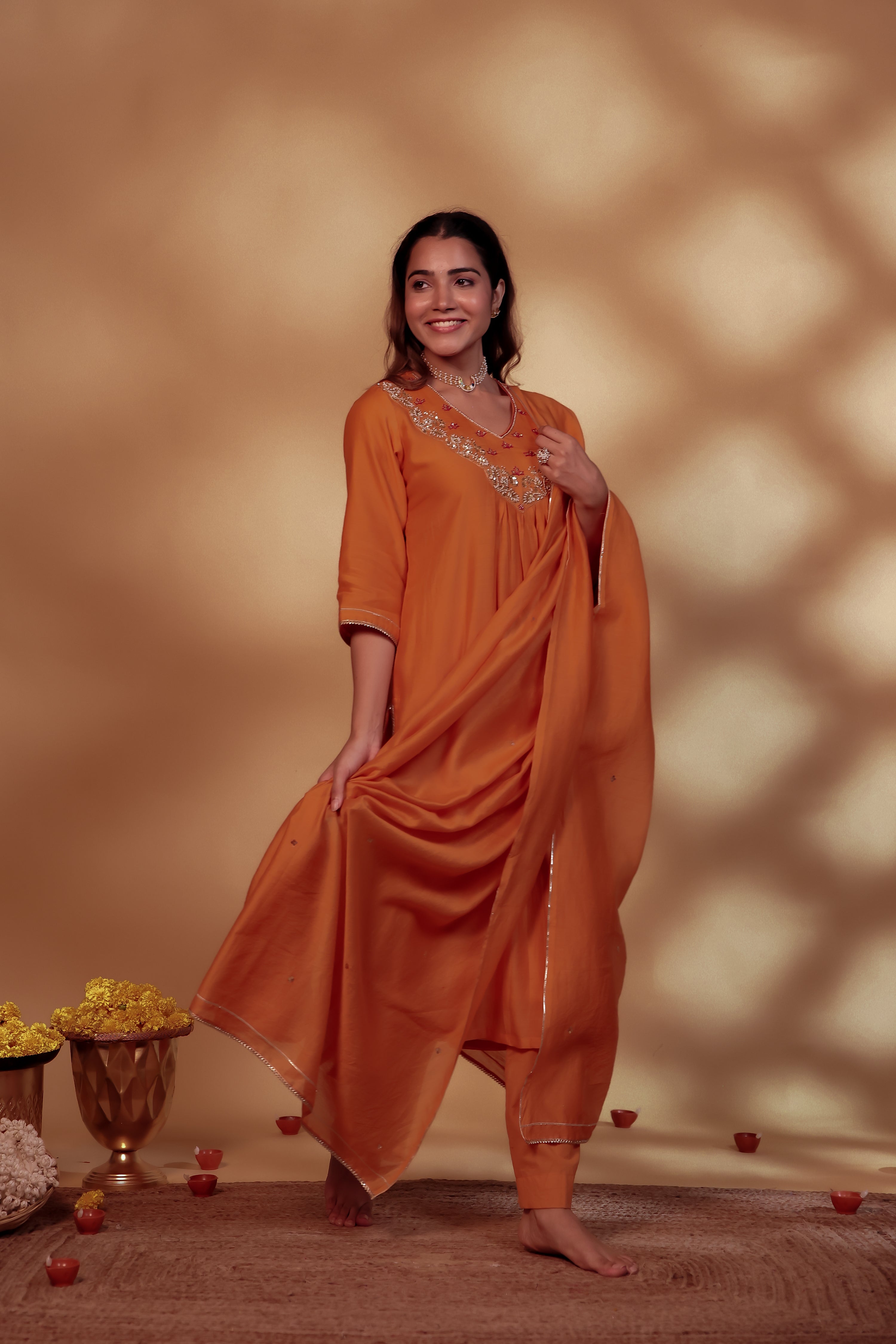 Orange Chanderi Hand Embroidered Suit Set