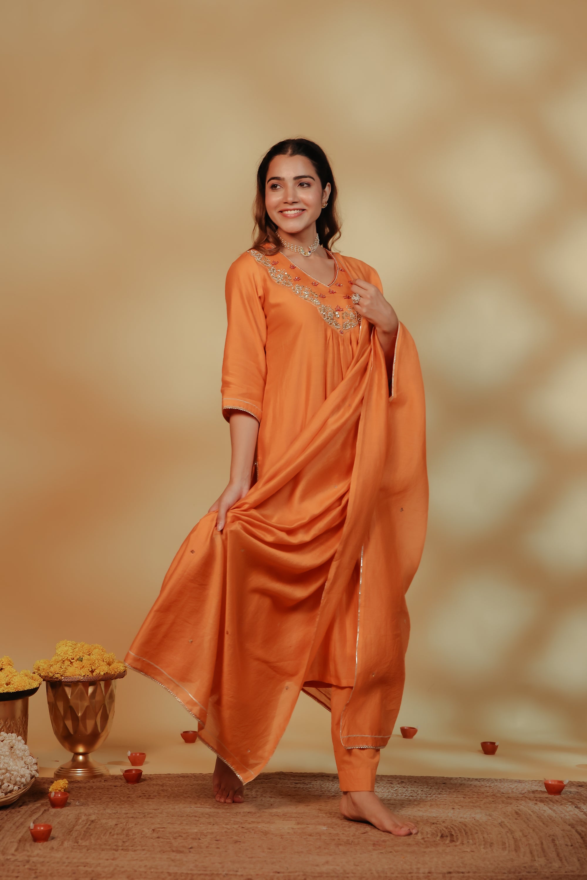 Orange Chanderi Hand Embroidered Suit Set