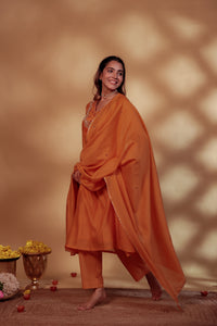 Orange Chanderi Hand Embroidered Suit Set