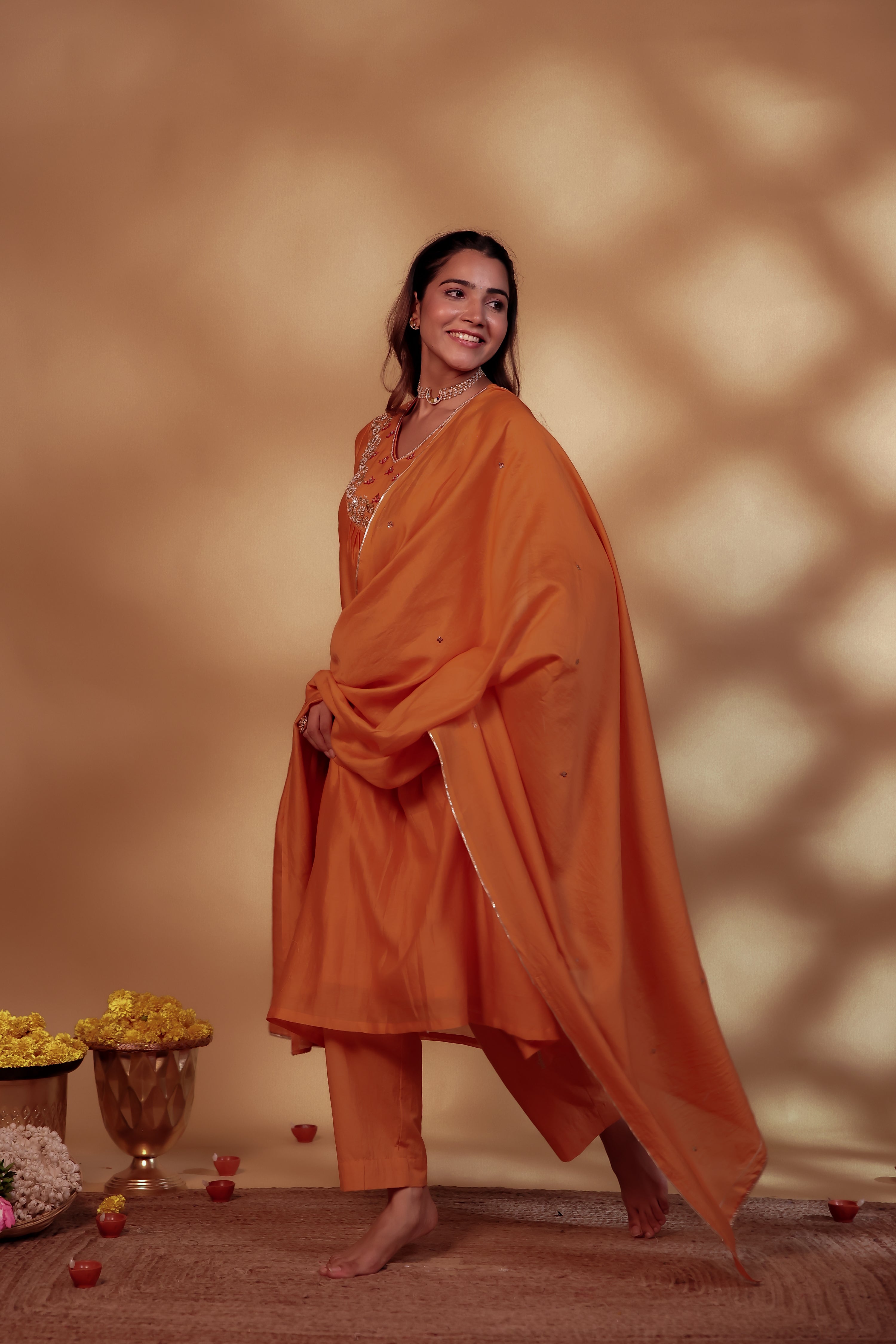 Orange Chanderi Hand Embroidered Suit Set