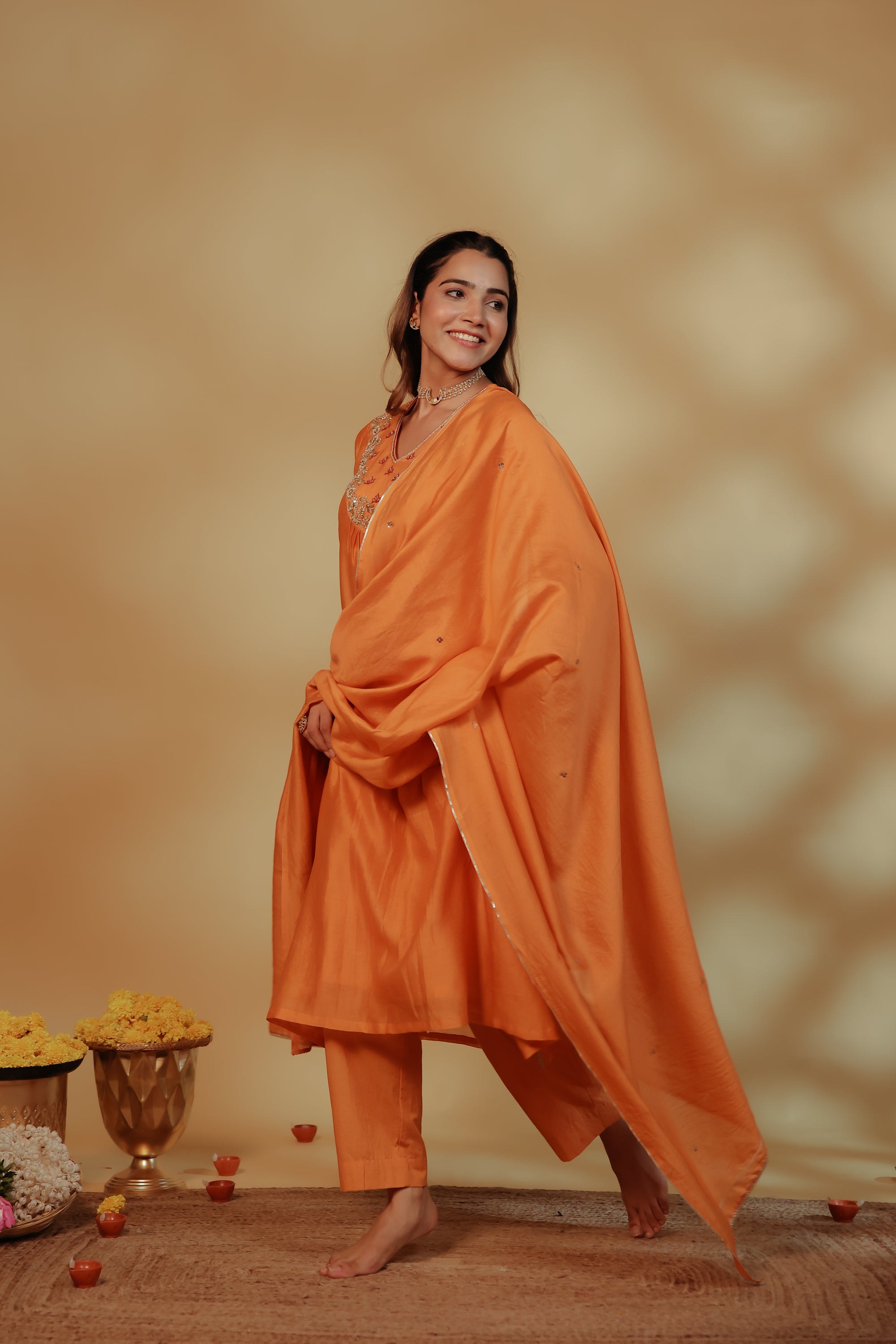 Orange Chanderi Hand Embroidered Suit Set