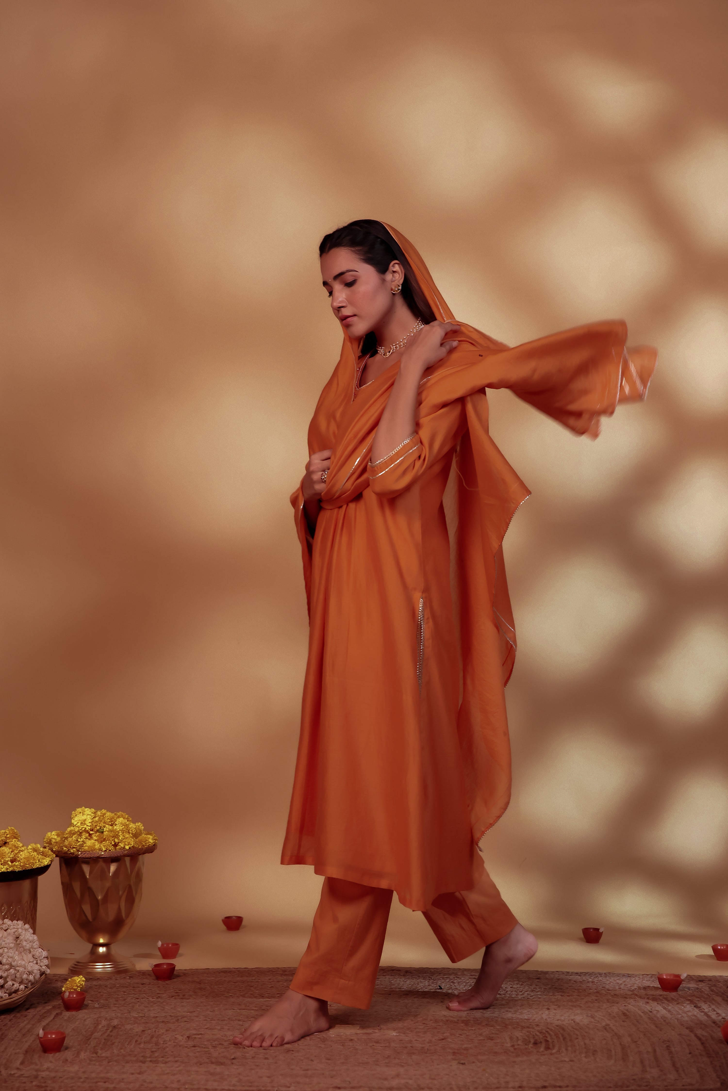 Orange Chanderi Hand Embroidered Suit Set