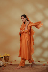 Orange Chanderi Hand Embroidered Suit Set