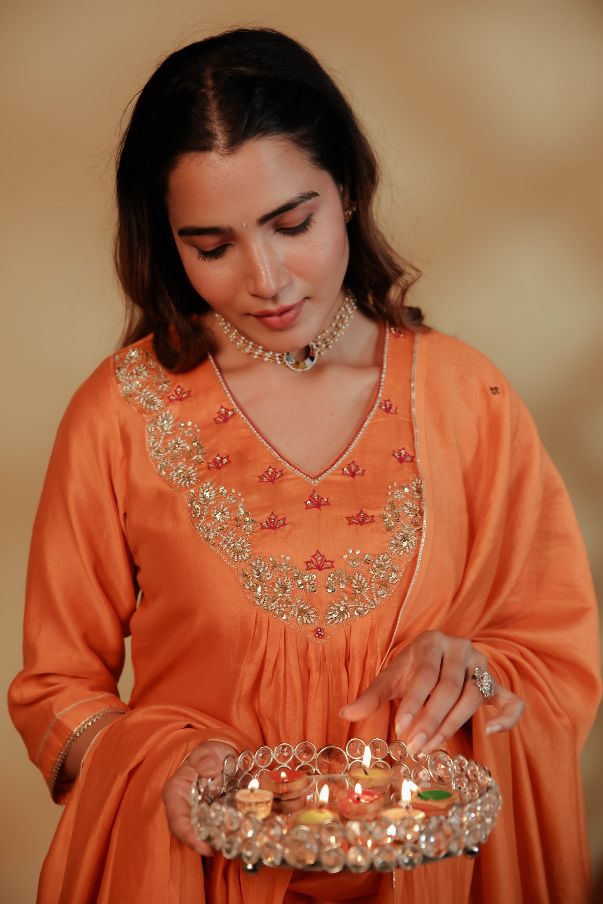 Orange Chanderi Hand Embroidered Suit Set