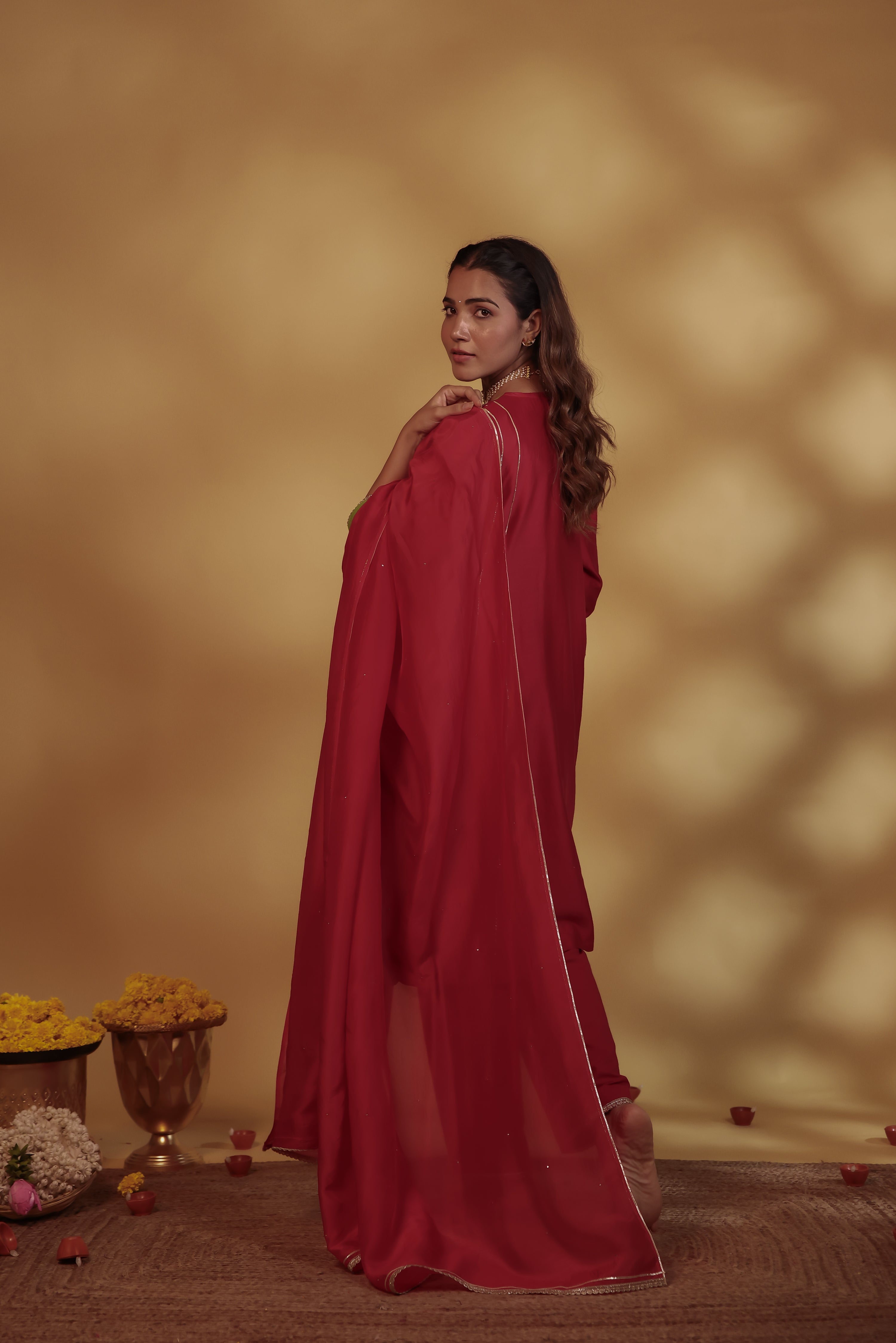 Red Chanderi Hand-Embroidered Suit Set
