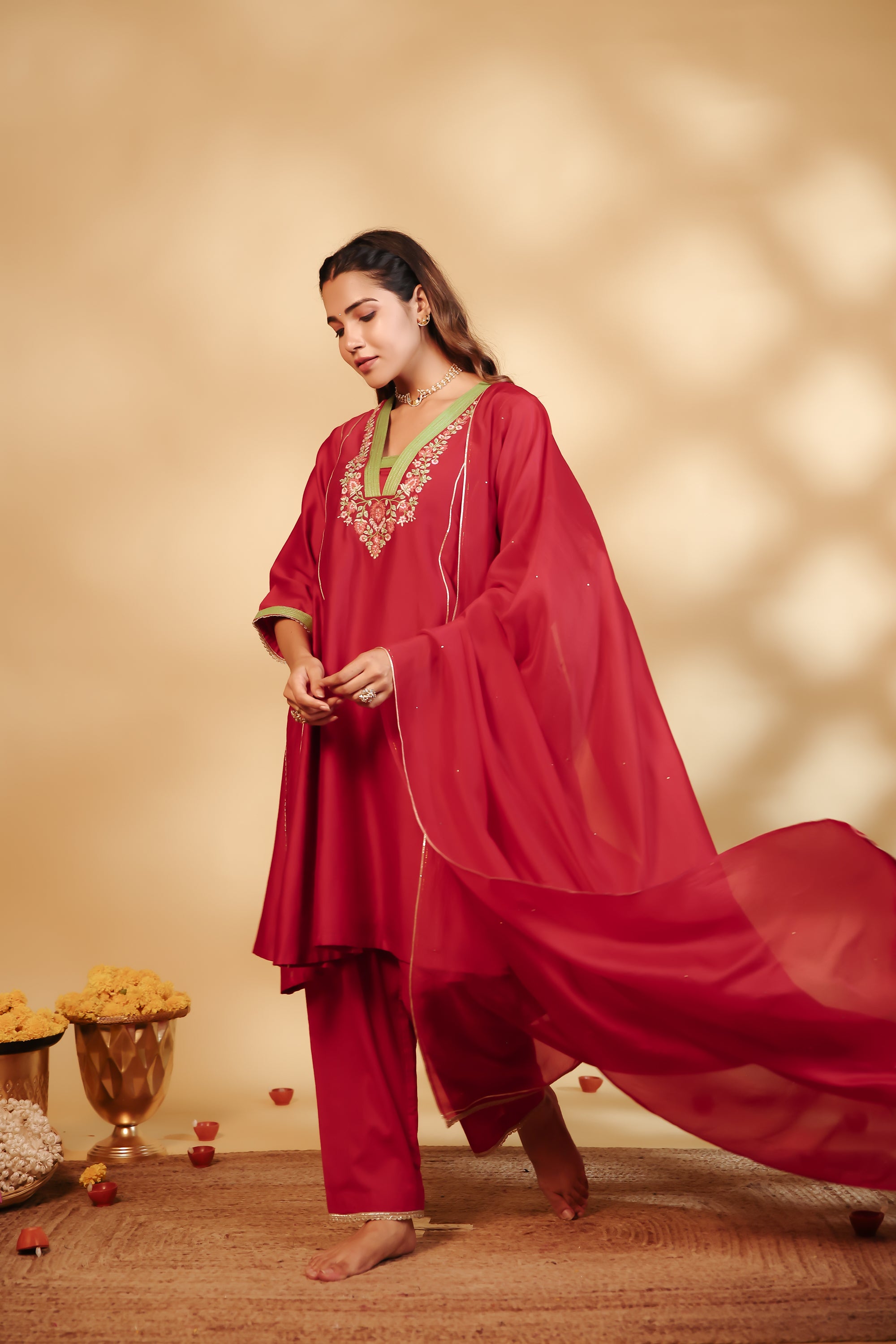 Red Chanderi Hand-Embroidered Suit Set