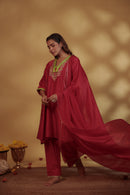 Red Chanderi Hand-Embroidered Suit Set