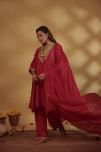 Red Chanderi Hand-Embroidered Suit Set