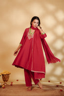 Red Chanderi Hand-Embroidered Suit Set