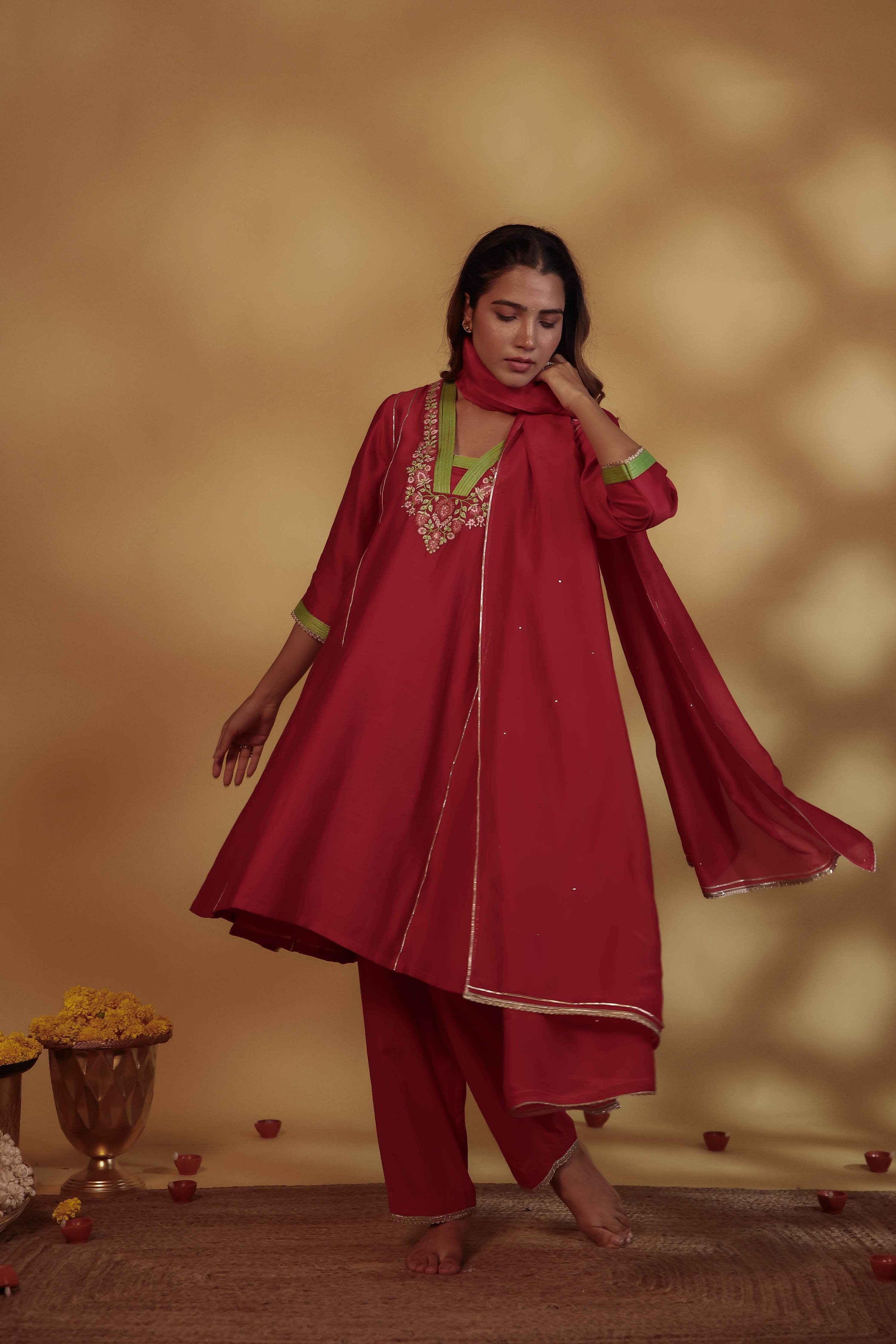 Red Chanderi Hand-Embroidered Suit Set