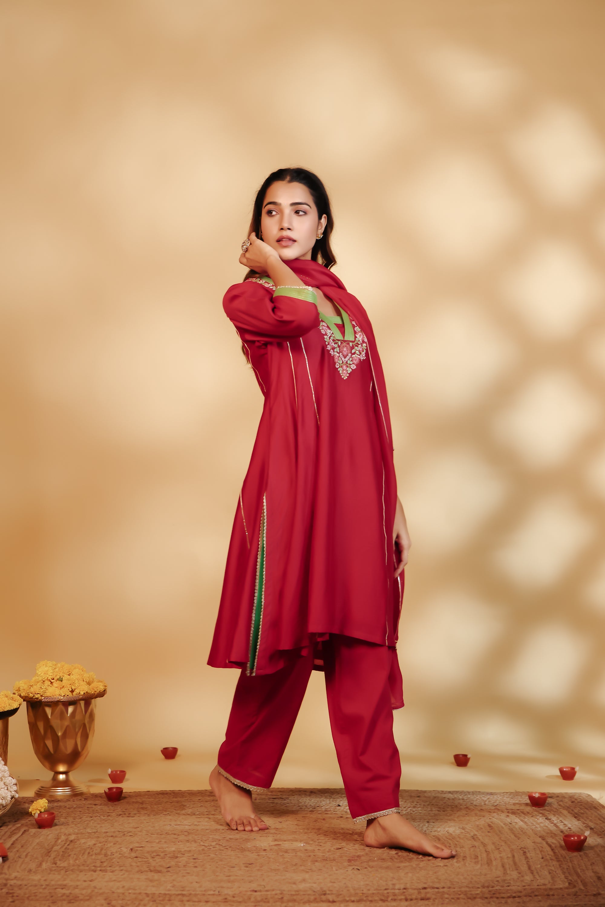Red Chanderi Hand-Embroidered Suit Set