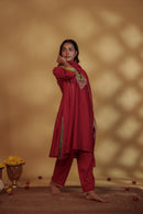 Red Chanderi Hand-Embroidered Suit Set