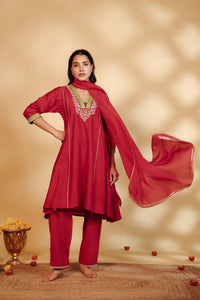 Red Chanderi Hand-Embroidered Suit Set