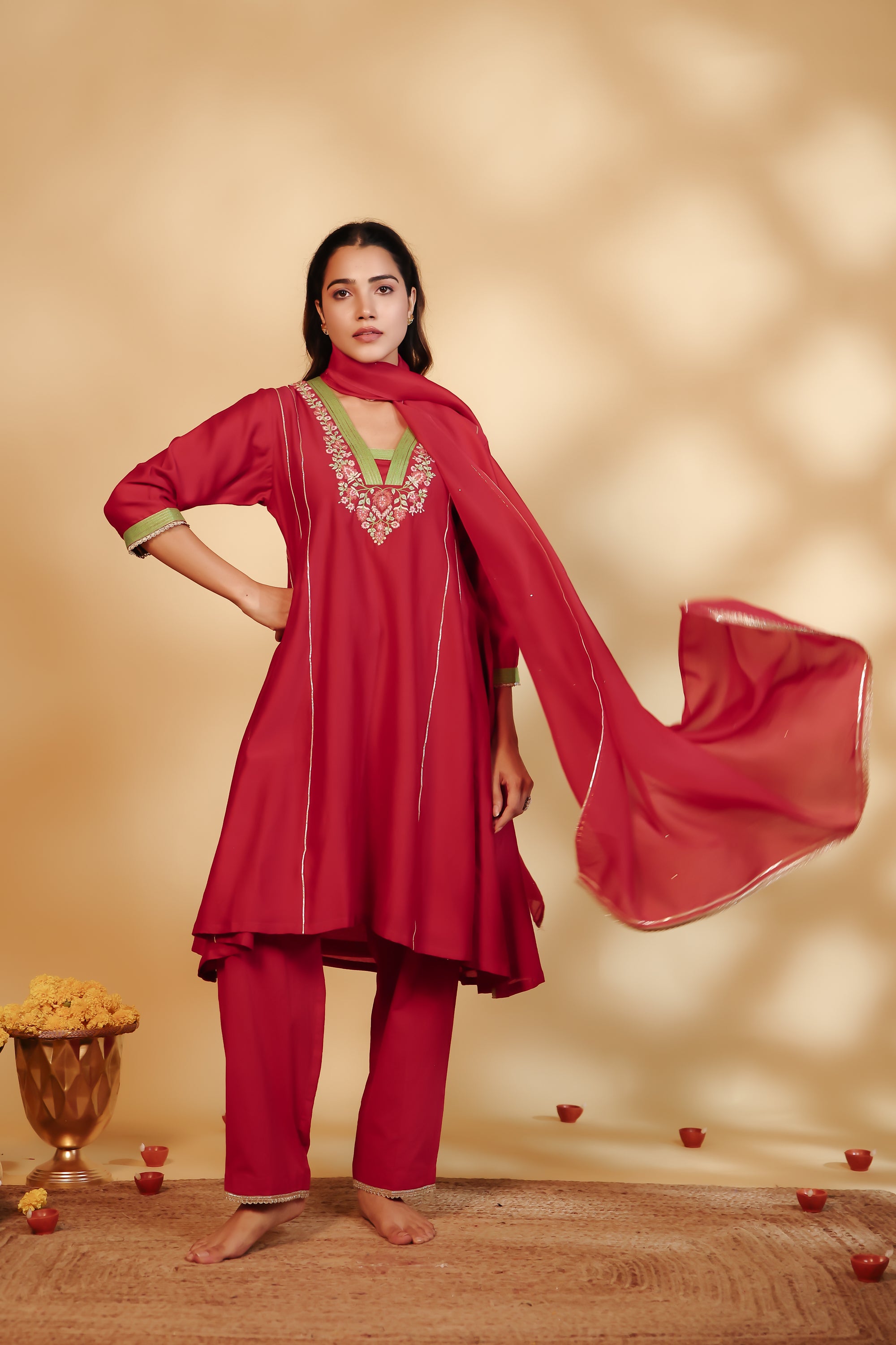 Red Chanderi Hand-Embroidered Suit Set