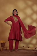 Red Chanderi Hand-Embroidered Suit Set