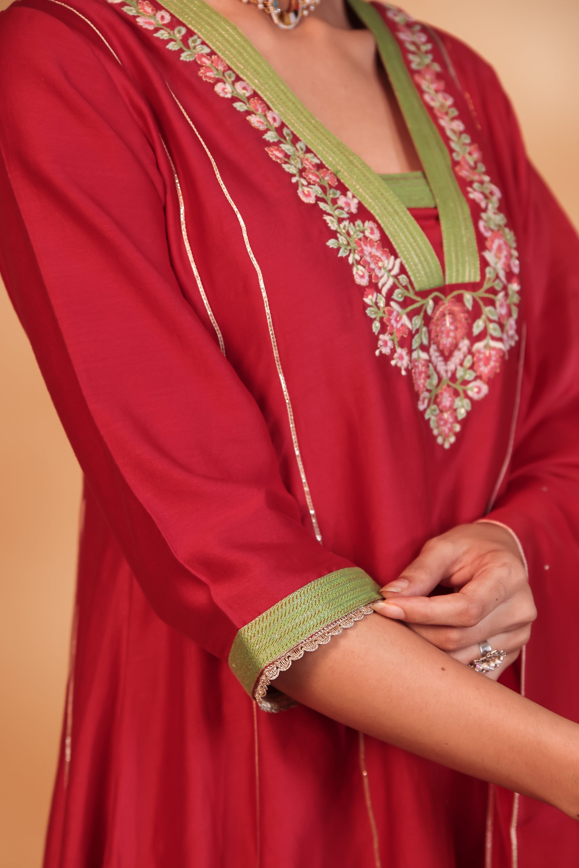 Red Chanderi Hand-Embroidered Suit Set