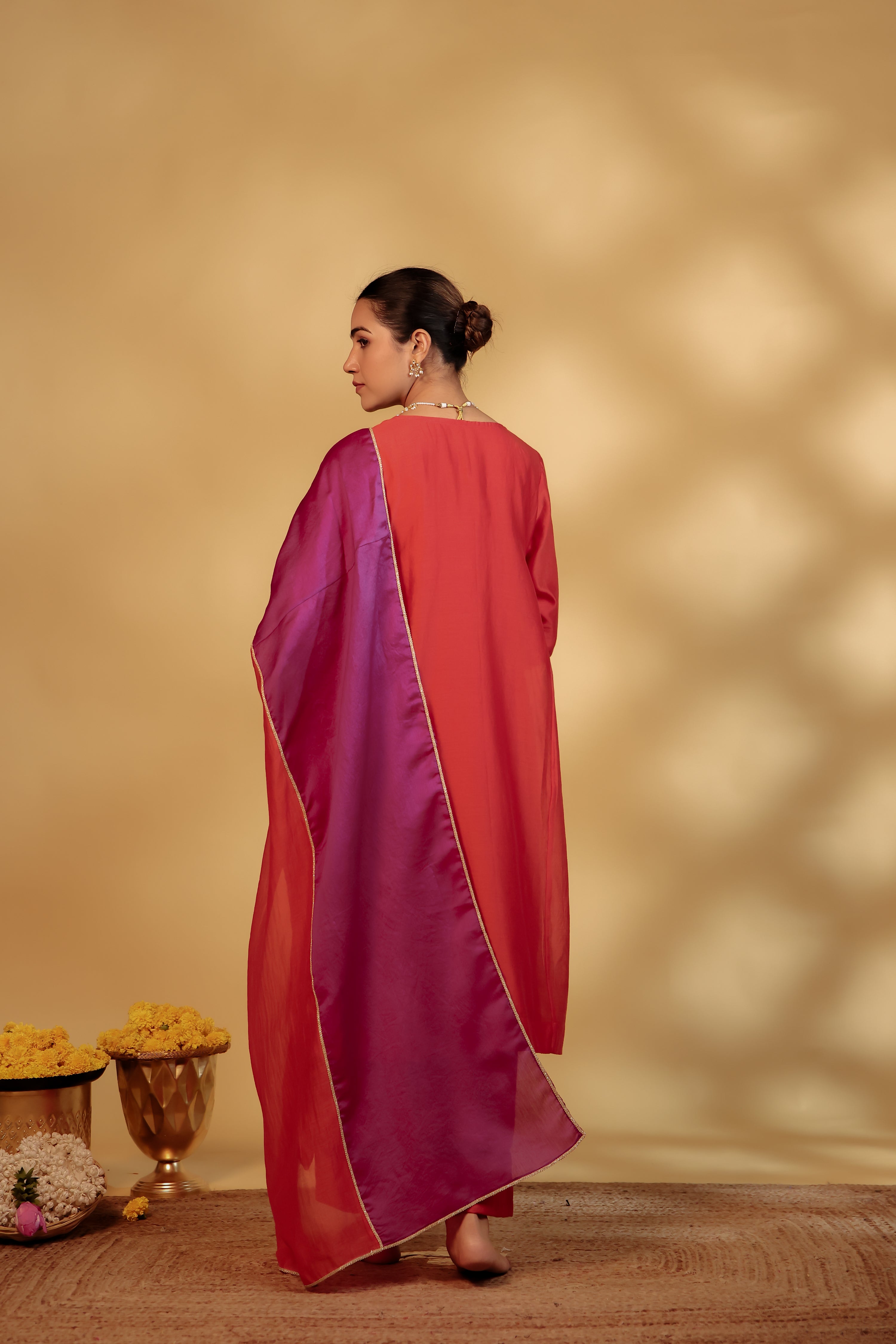 Coral Hand-Embroidered Chanderi Suit Set