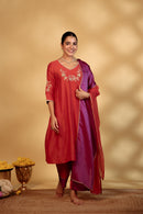 Coral Hand-Embroidered Chanderi Suit Set