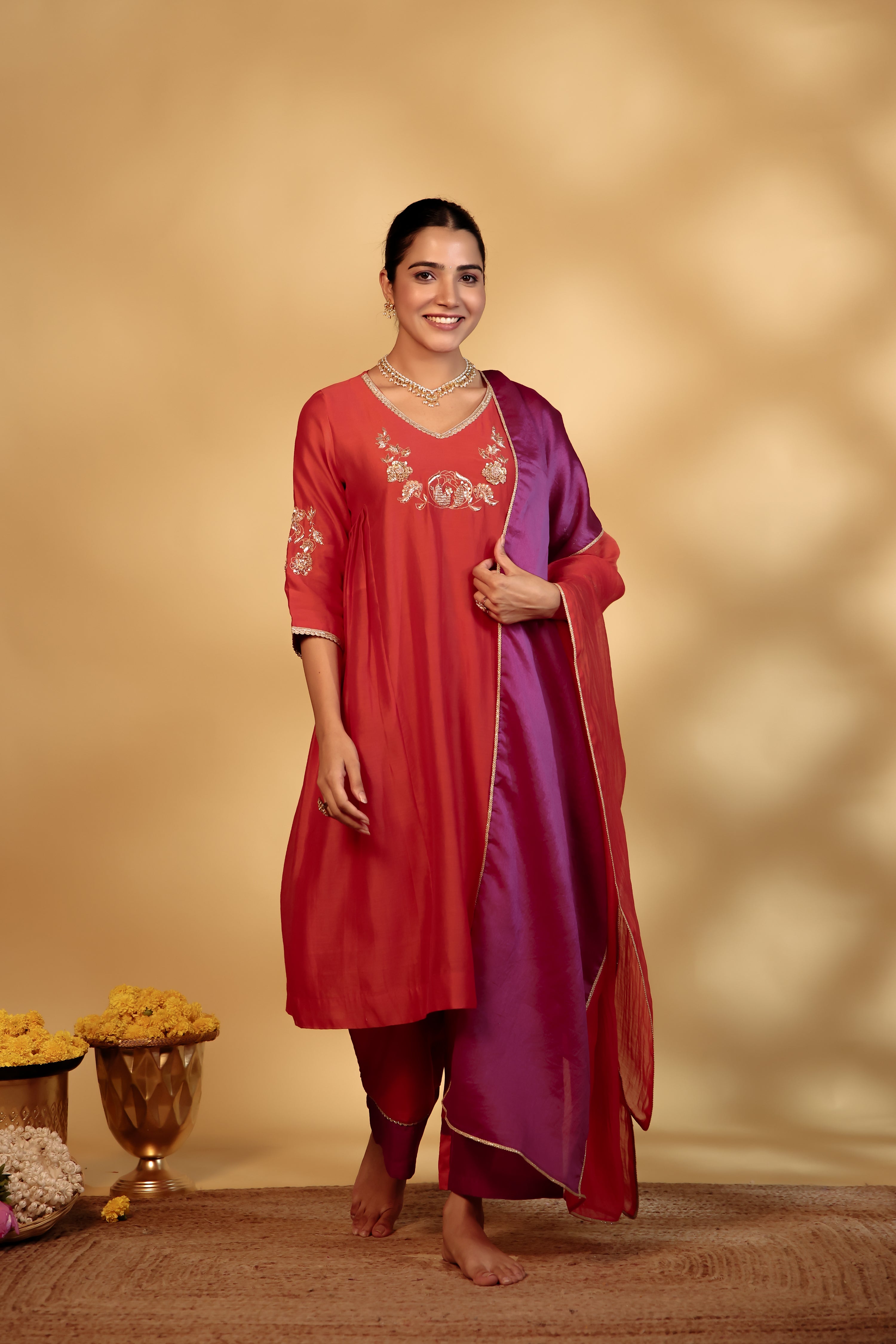 Coral Hand-Embroidered Chanderi Suit Set