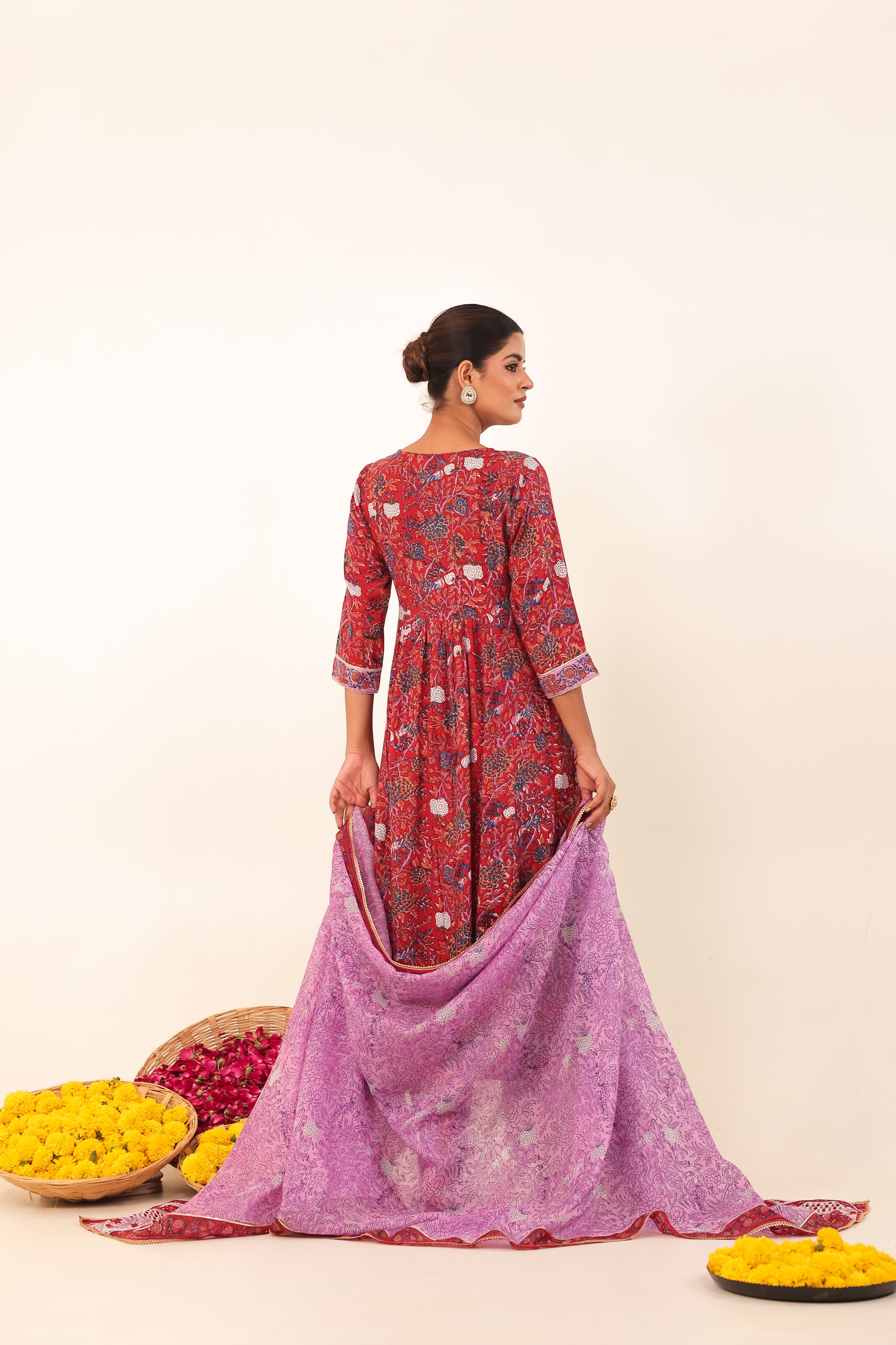 Maroon Printed Hand- Block Viscose Muslin Suit Set