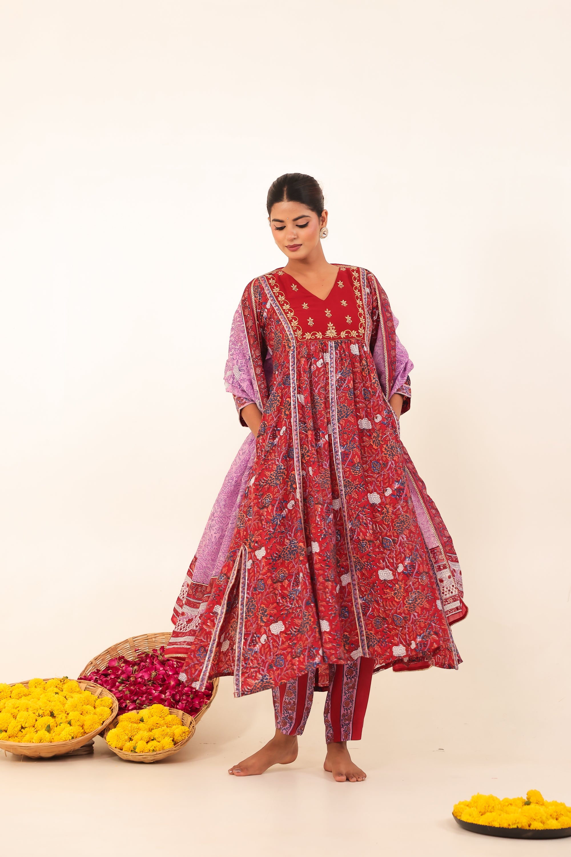 Maroon Printed Hand- Block Viscose Muslin Suit Set