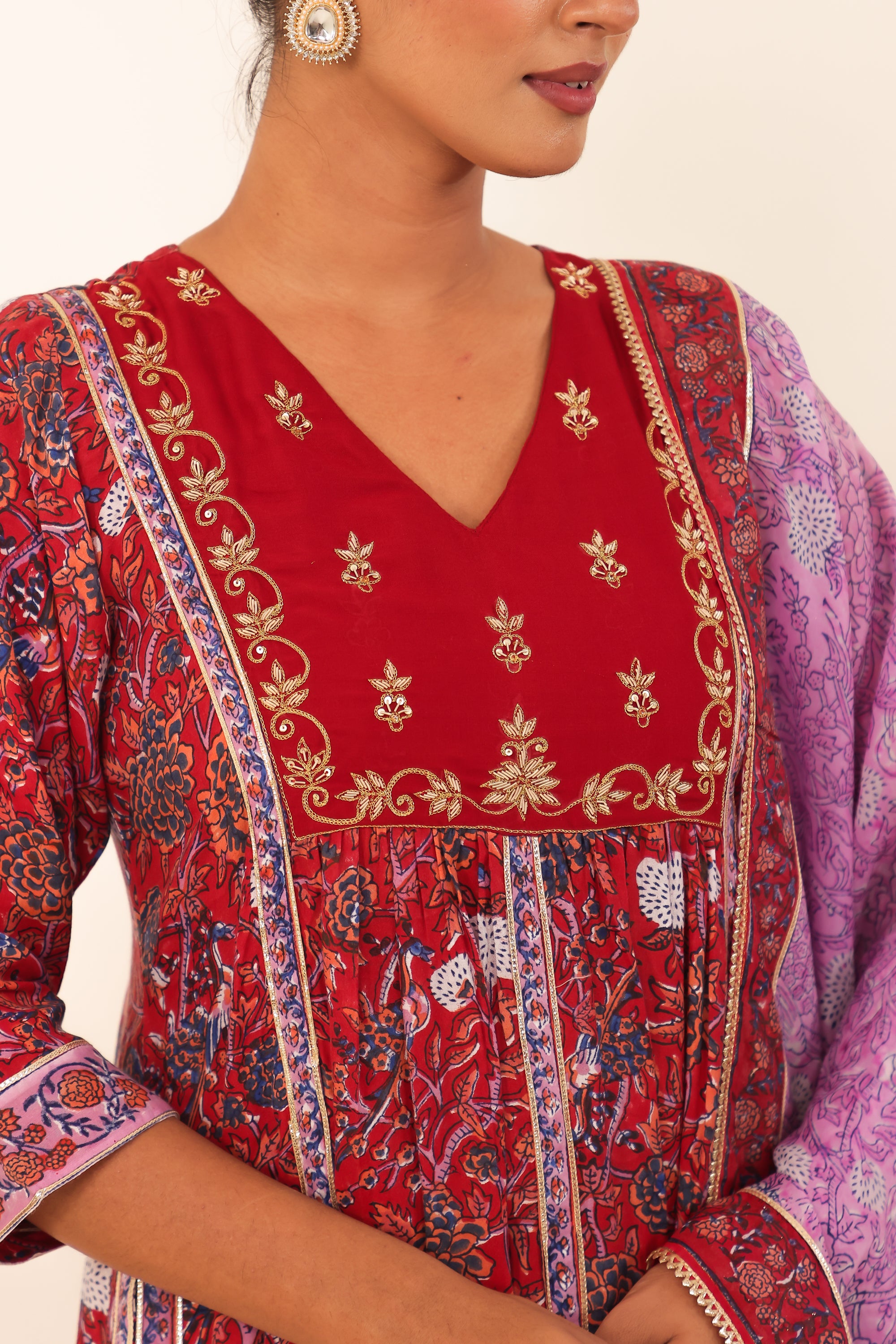 Maroon Printed Hand- Block Viscose Muslin Suit Set