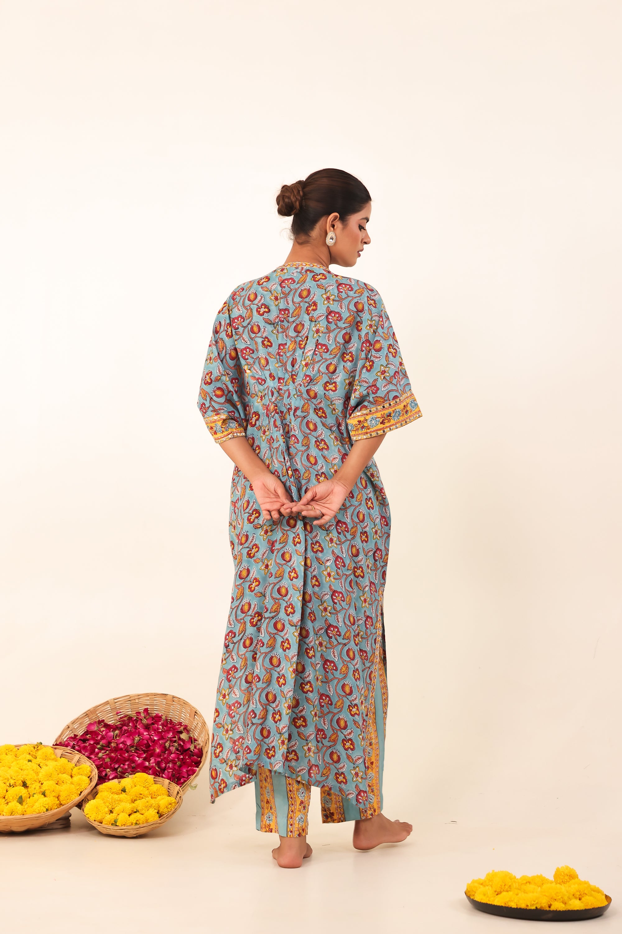 Light Blue Hand-Block Printed Viscose Muslin Kurta Set
