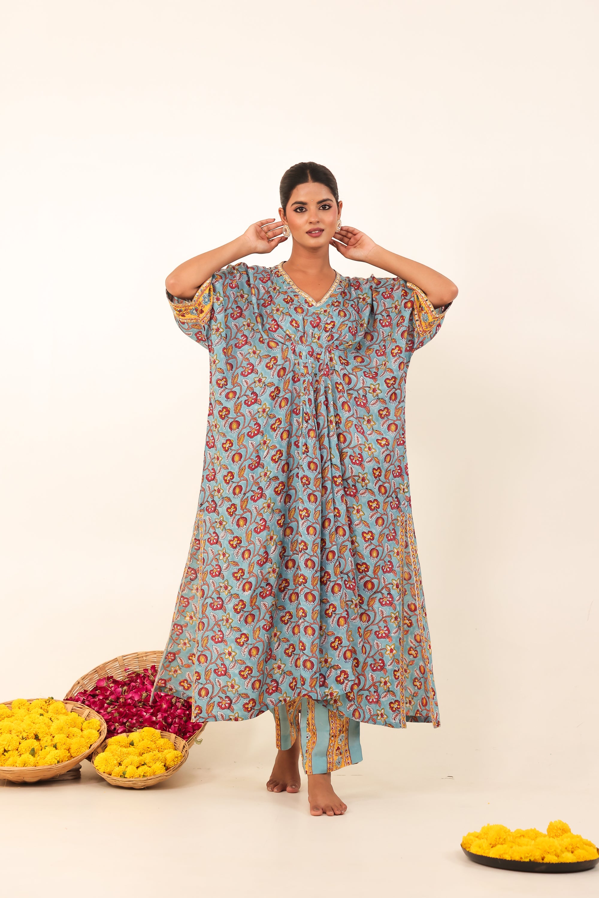 Light Blue Hand-Block Printed Viscose Muslin Kurta Set