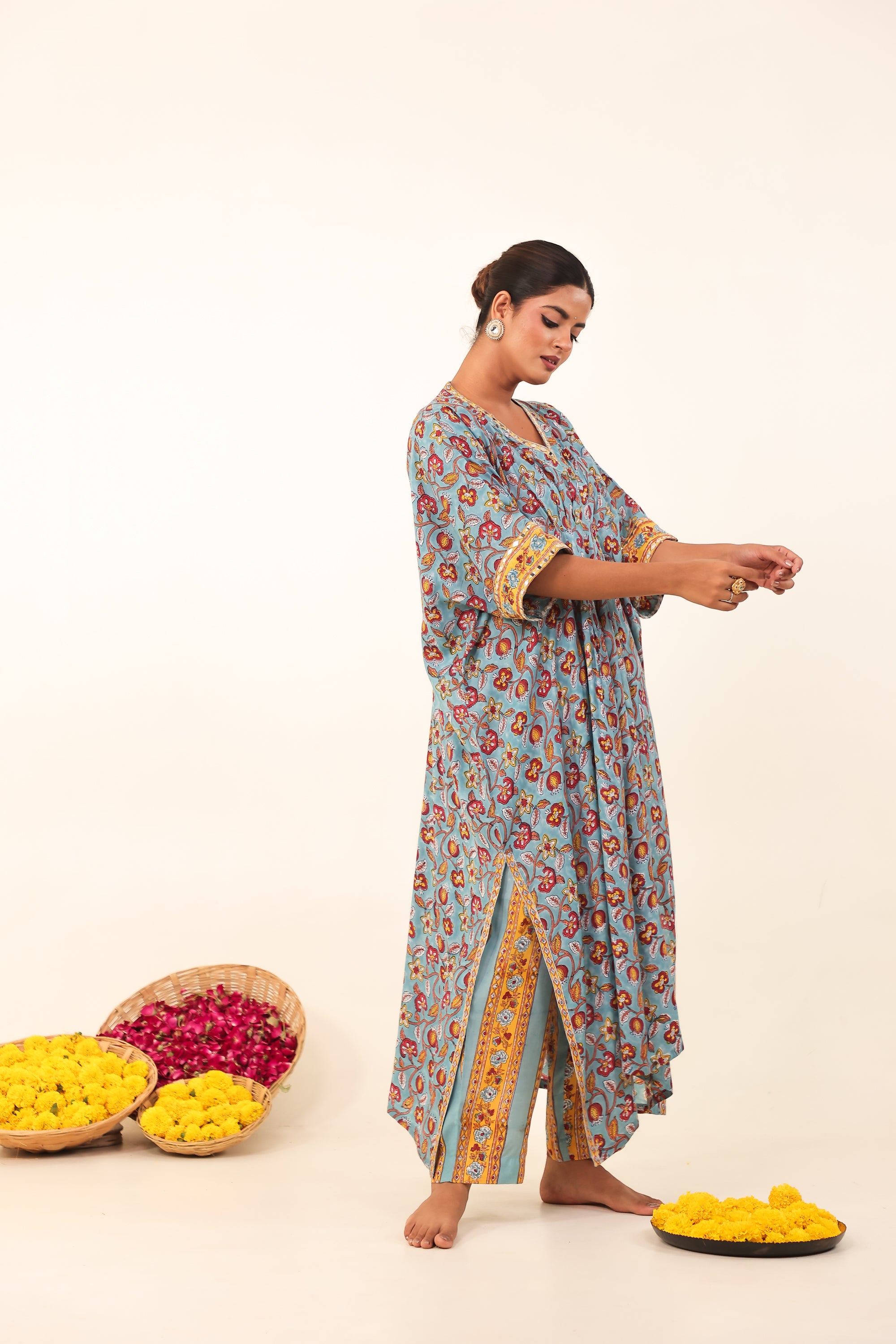 Light Blue Hand-Block Printed Viscose Muslin Kurta Set