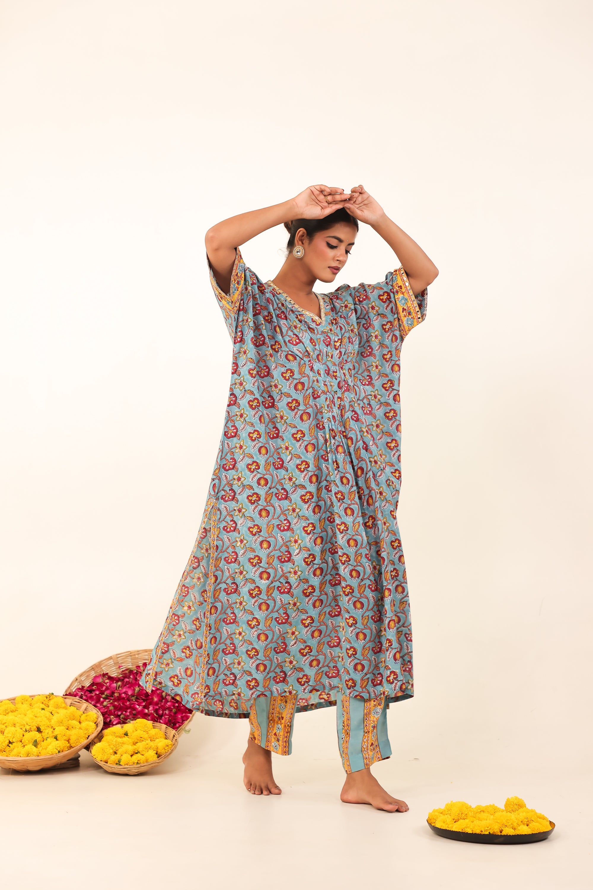 Light Blue Hand-Block Printed Viscose Muslin Kurta Set