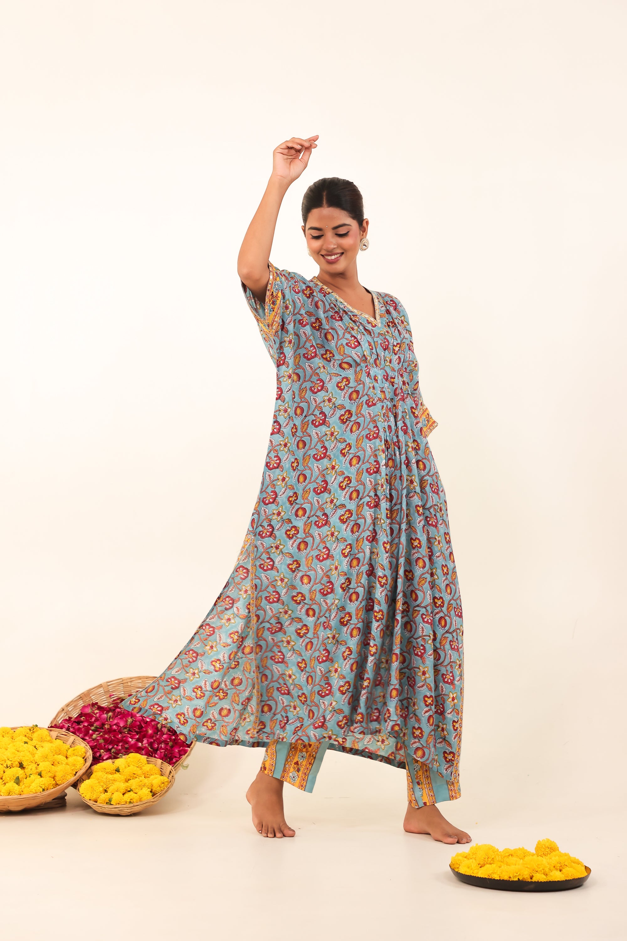 Light Blue Hand-Block Printed Viscose Muslin Kurta Set