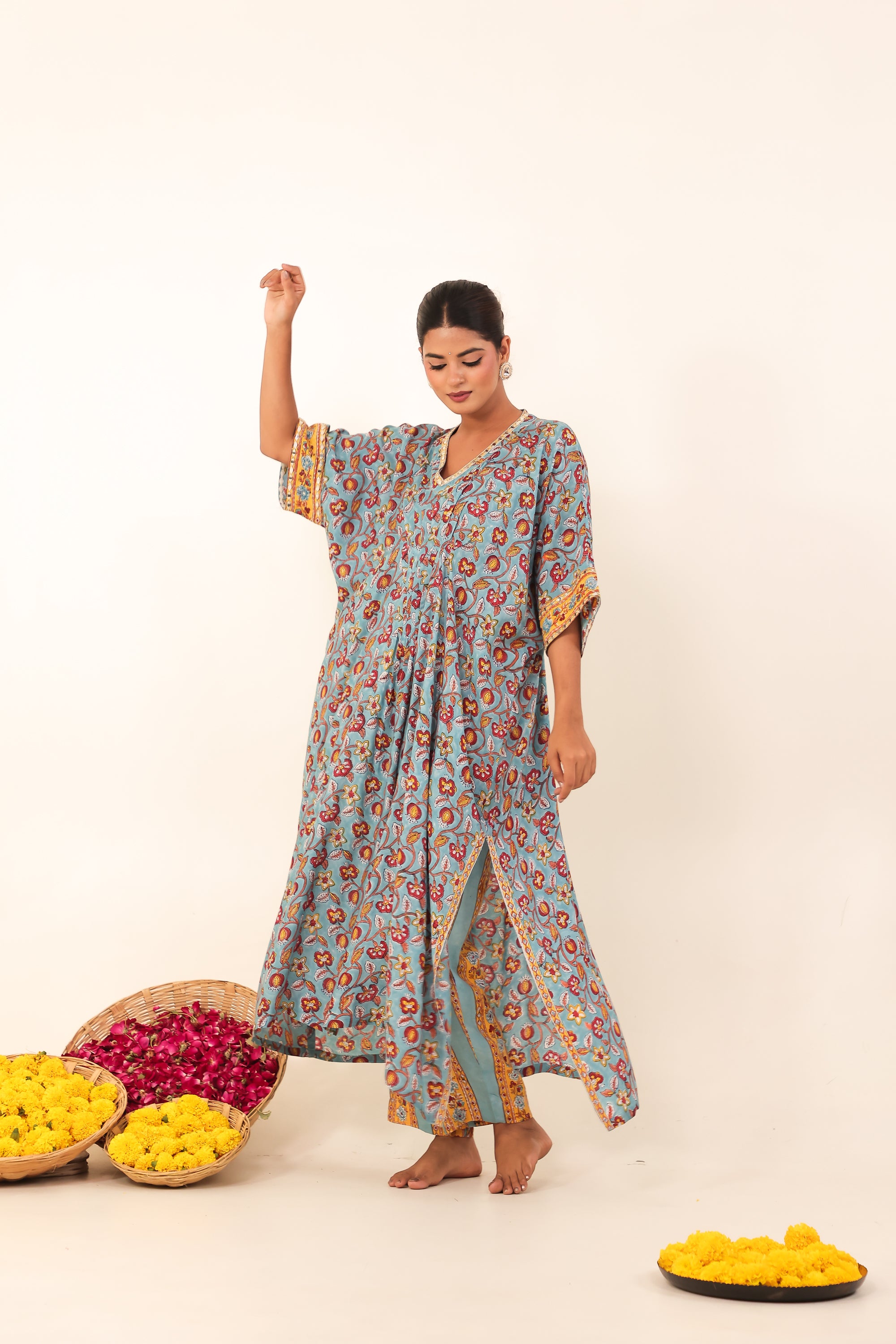 Light Blue Hand-Block Printed Viscose Muslin Kurta Set