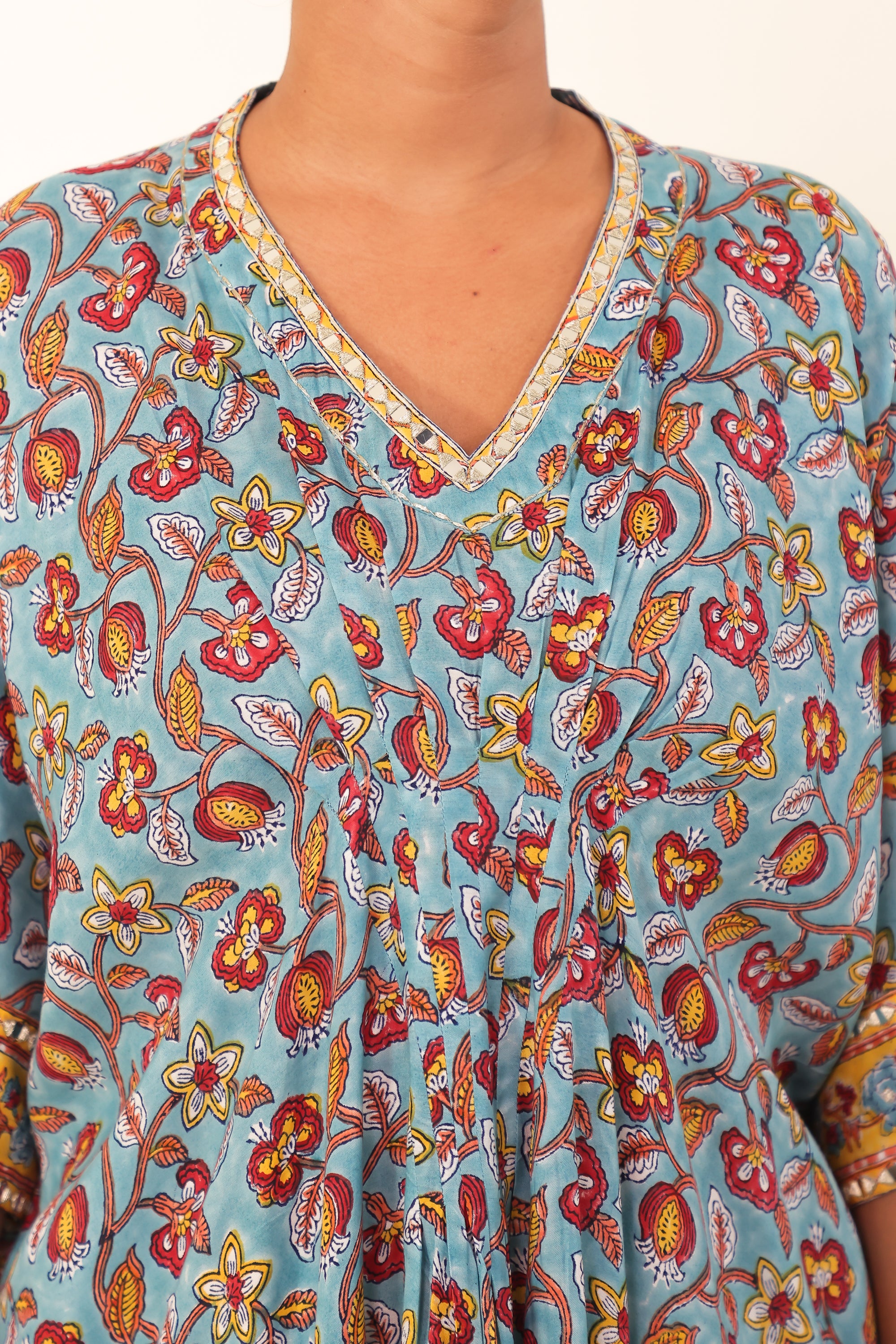 Light Blue Hand-Block Printed Viscose Muslin Kurta Set
