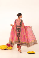 Brown & Pink Hand- Block Viscose Muslin Suit Set
