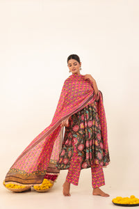 Brown & Pink Hand- Block Viscose Muslin Suit Set