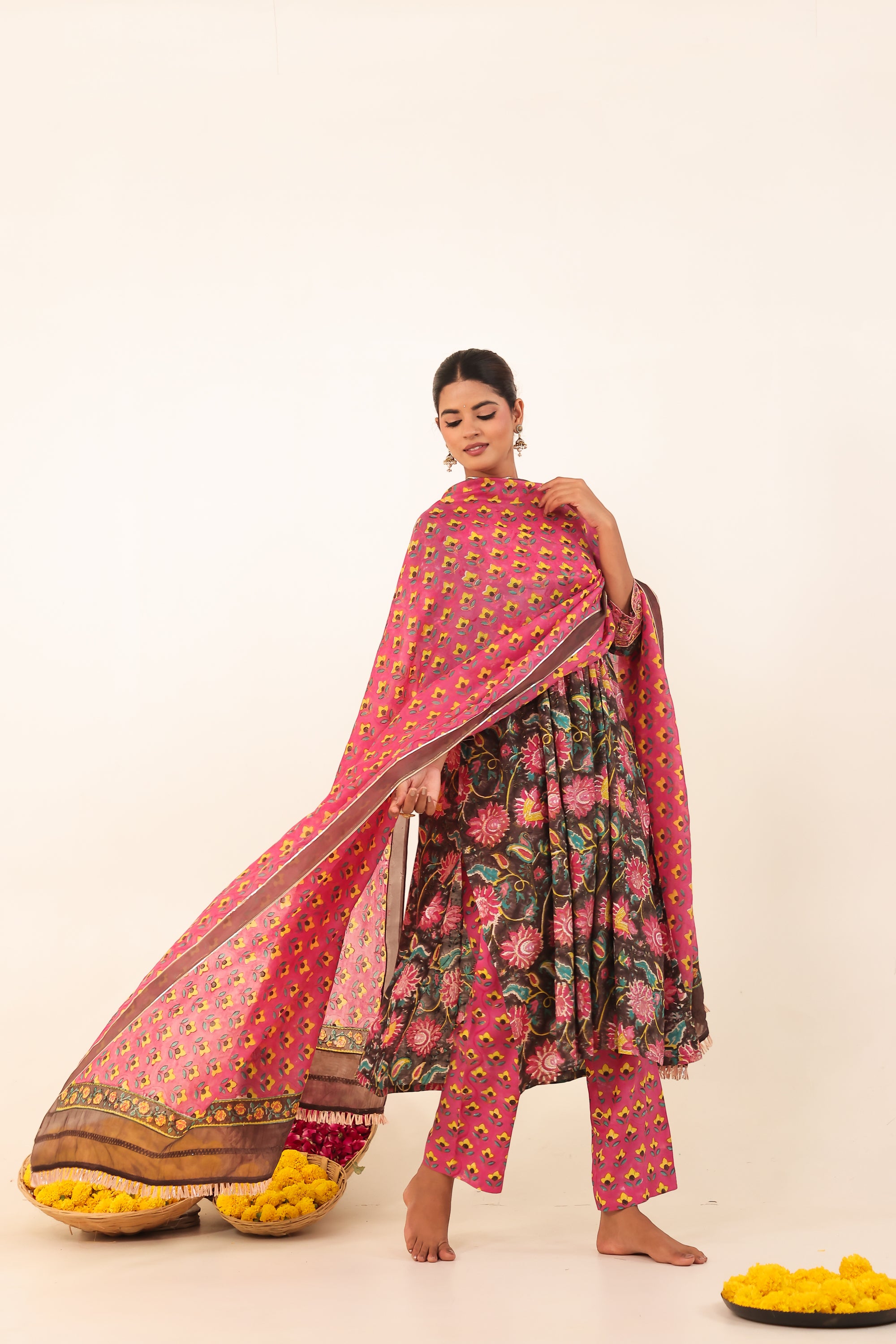 Brown & Pink Hand- Block Viscose Muslin Suit Set