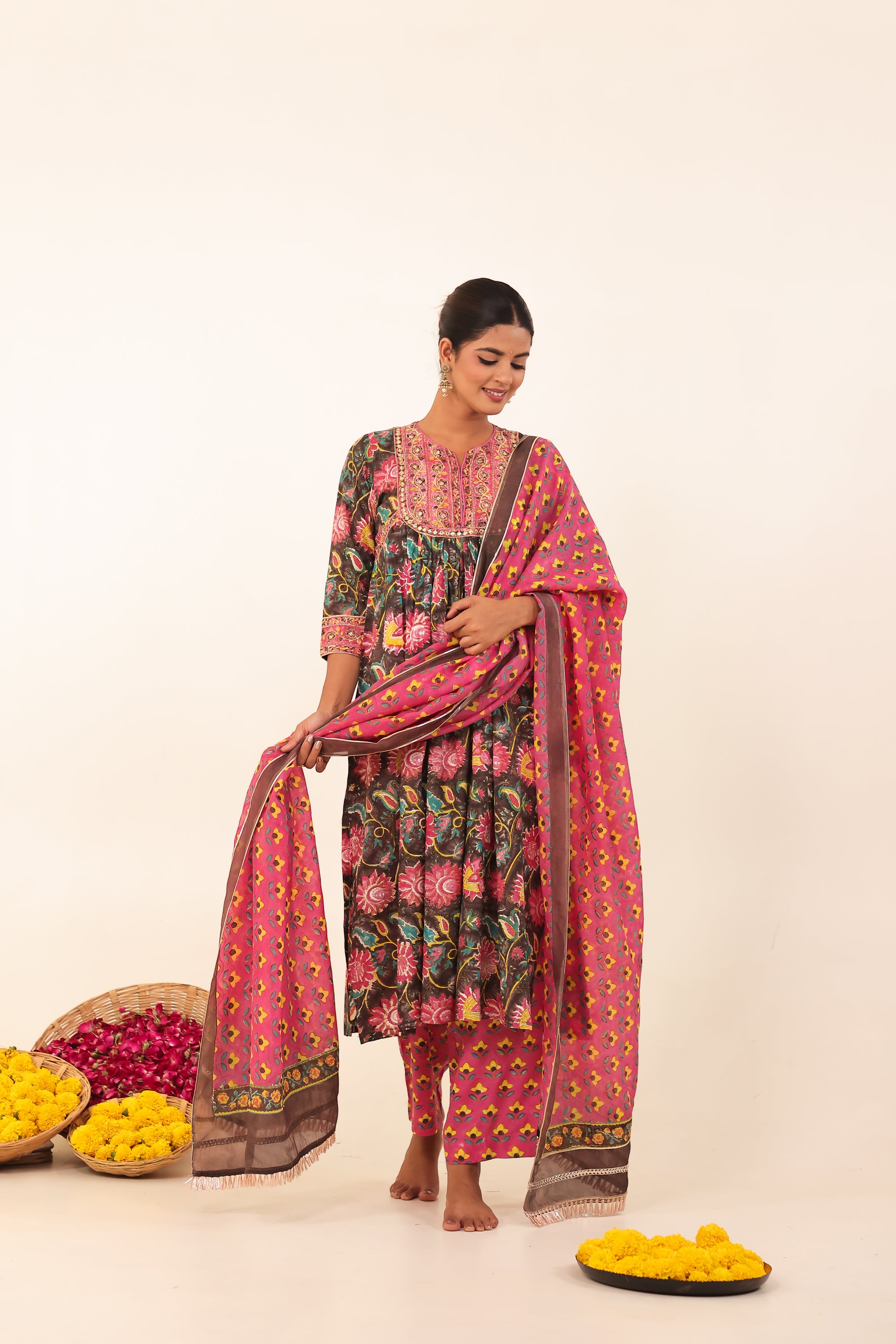 Brown & Pink Hand- Block Viscose Muslin Suit Set