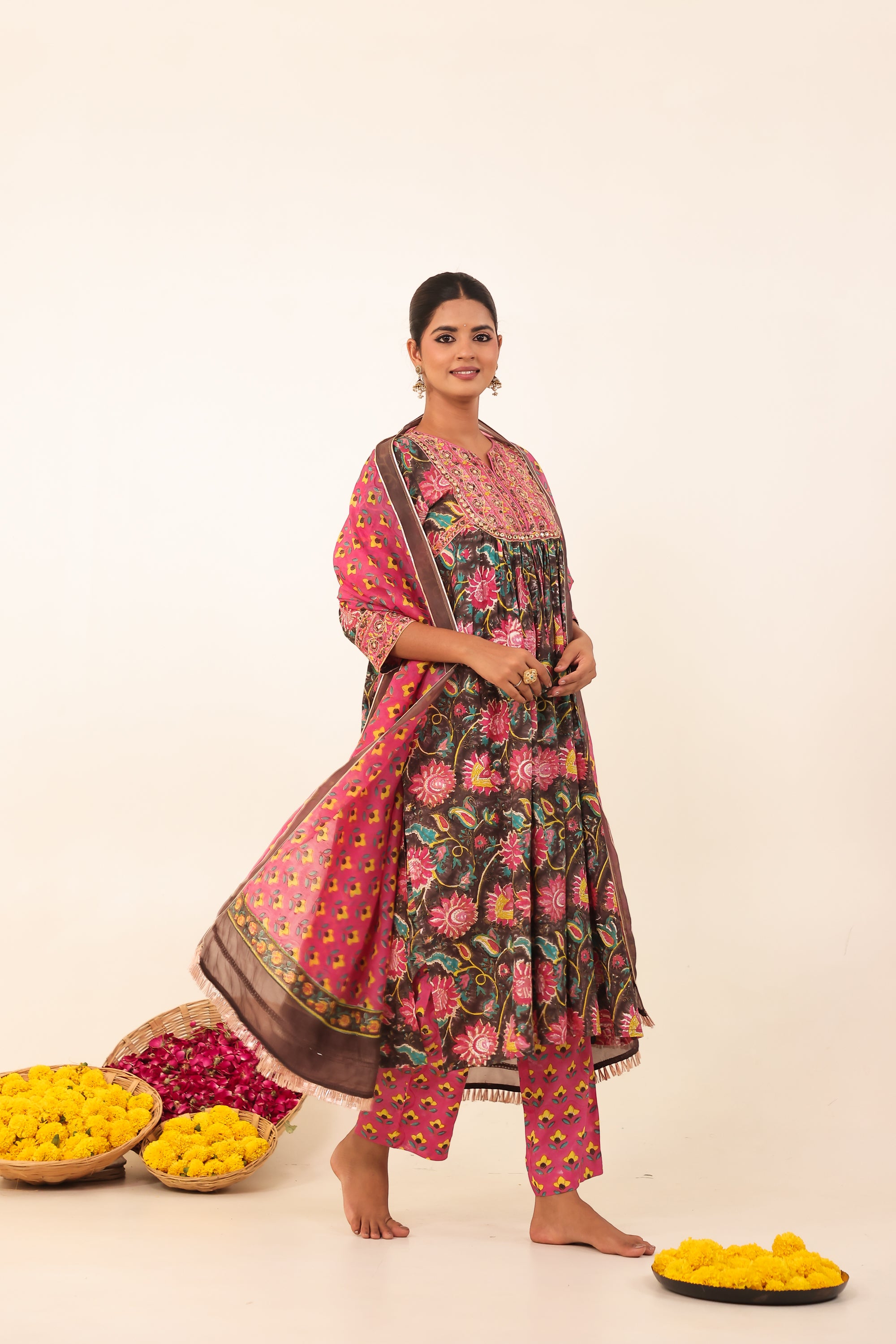 Brown & Pink Hand- Block Viscose Muslin Suit Set