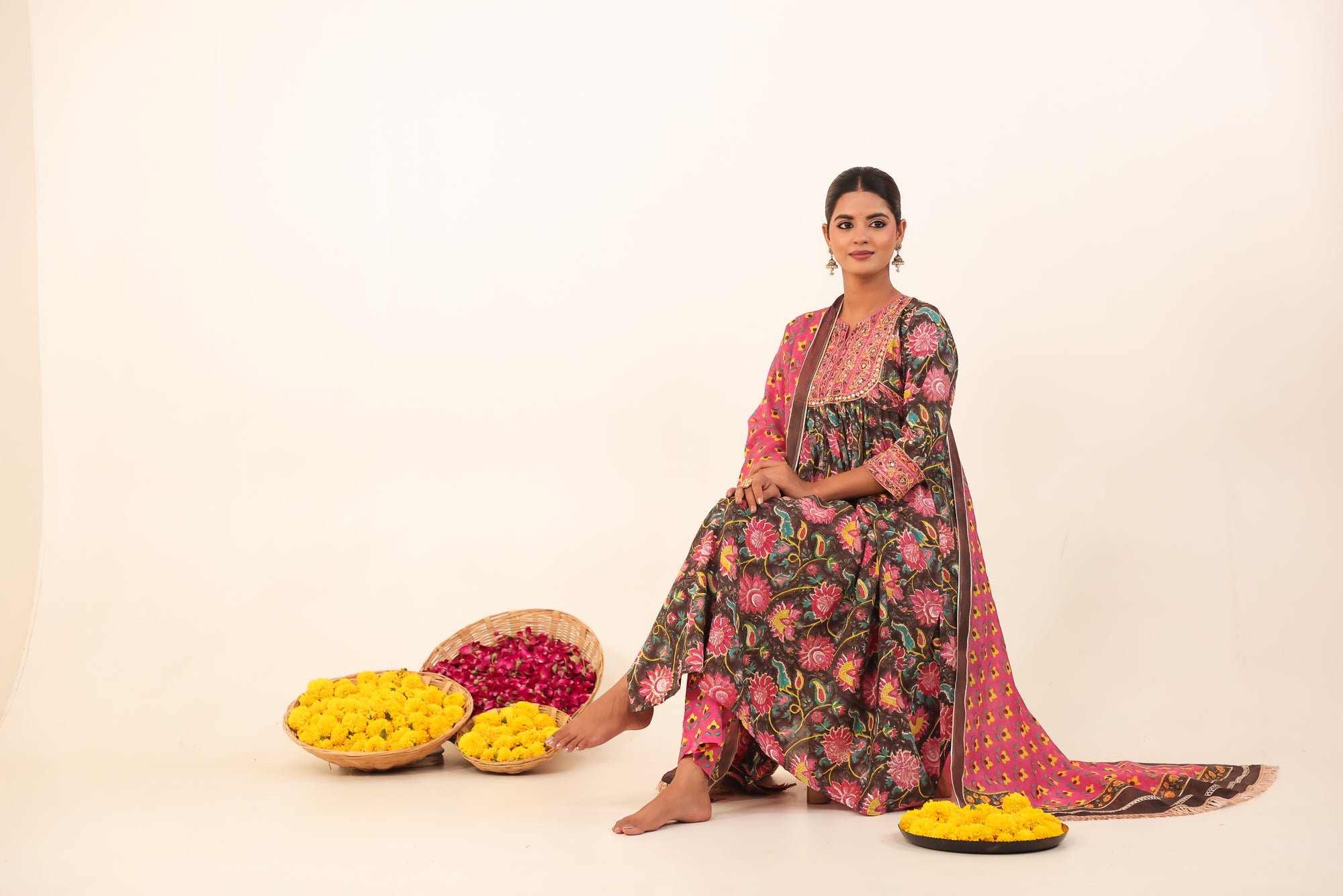 Brown & Pink Hand- Block Viscose Muslin Suit Set