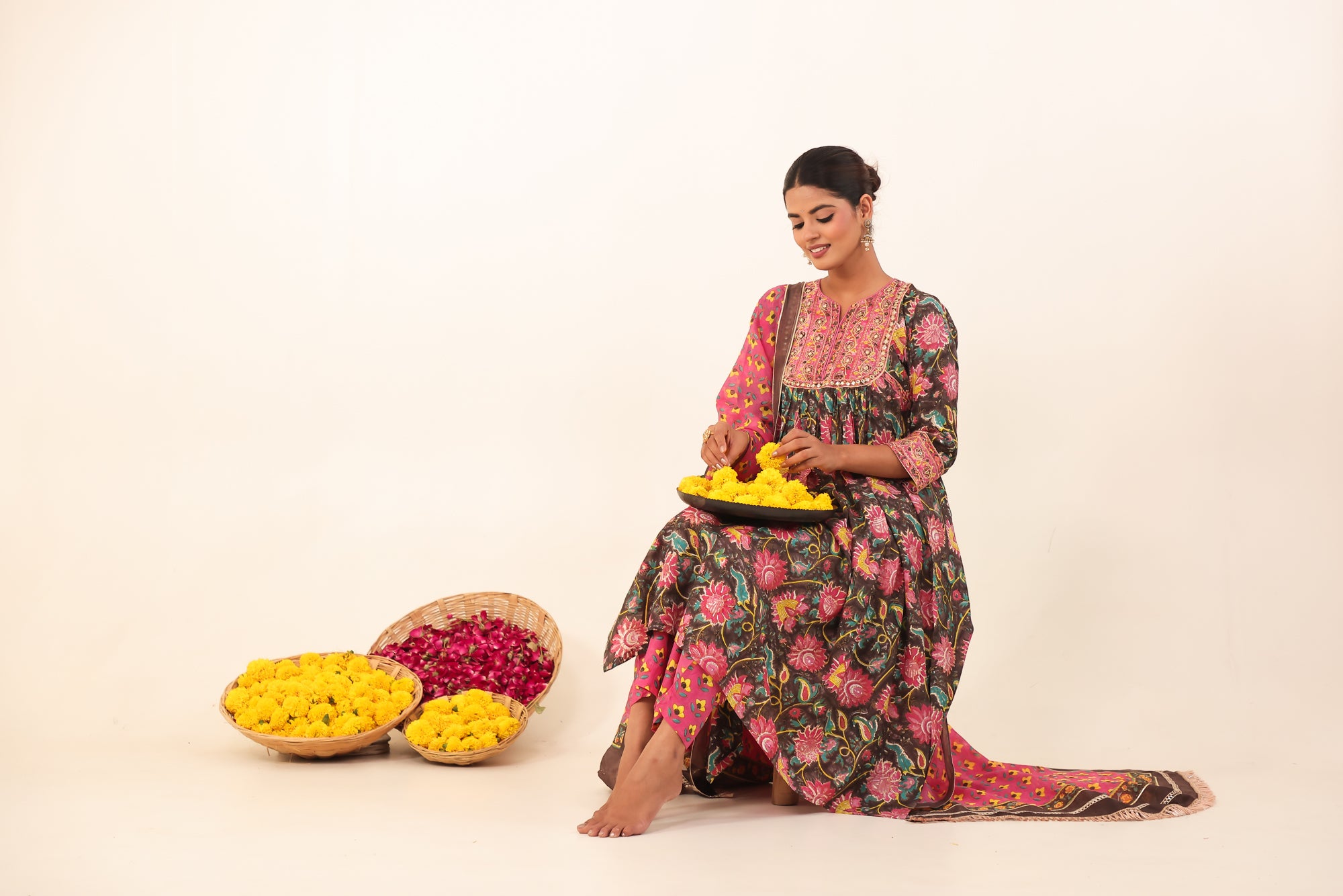 Brown & Pink Hand- Block Viscose Muslin Suit Set