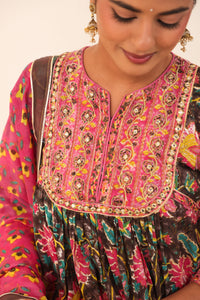 Brown & Pink Hand- Block Viscose Muslin Suit Set