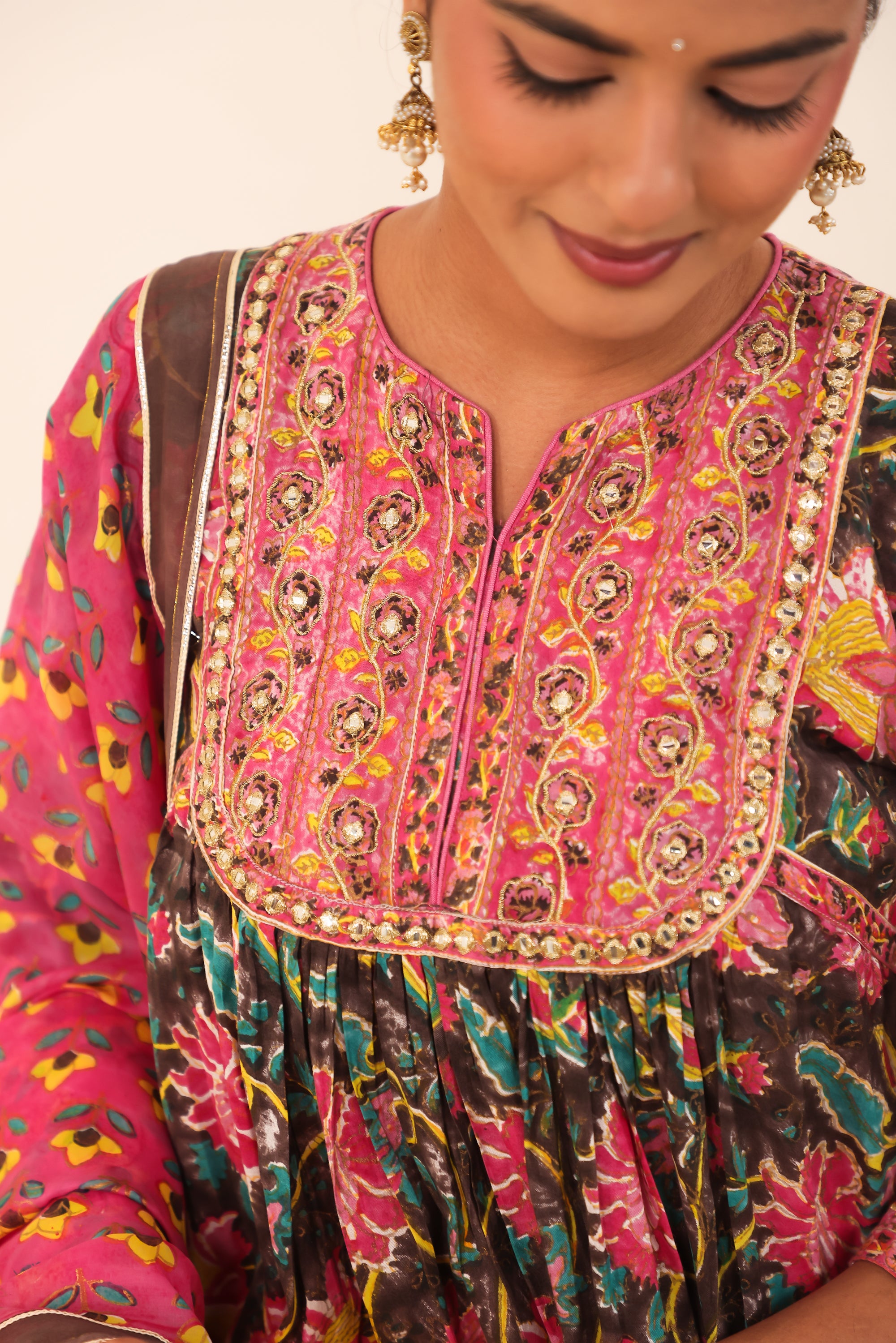 Brown & Pink Hand- Block Viscose Muslin Suit Set