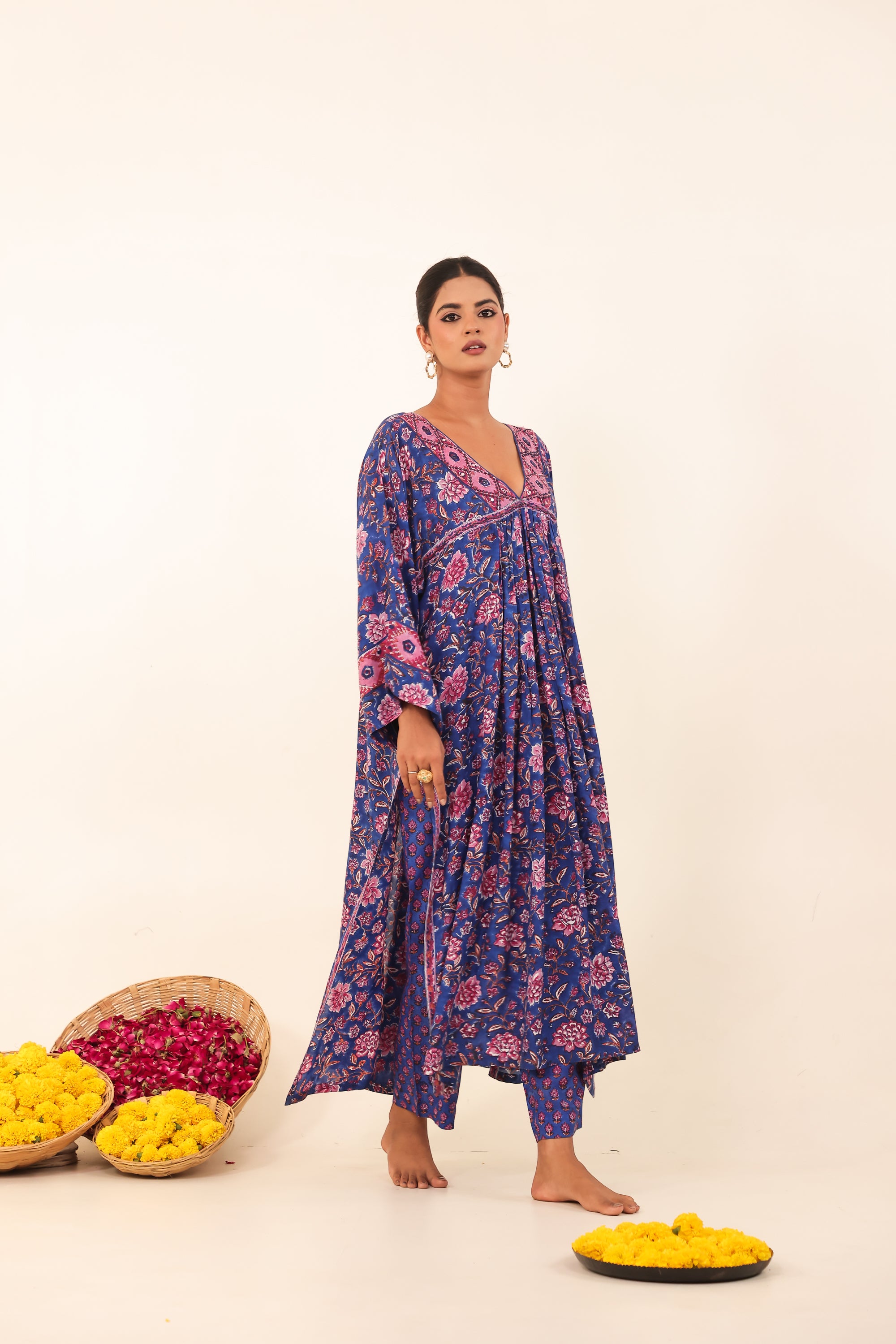 Royal Blue Hand-Block Printed Viscose Muslin Kurta Set
