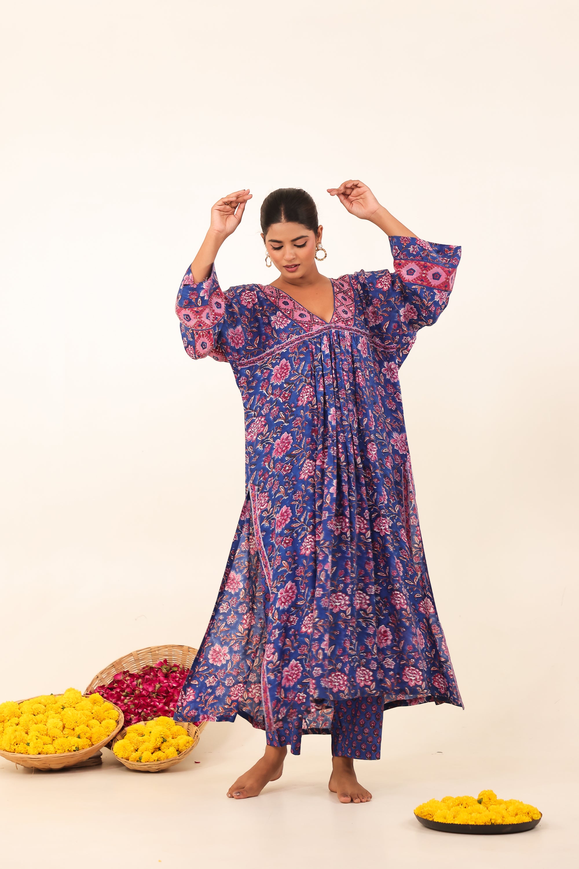 Royal Blue Hand-Block Printed Viscose Muslin Kurta Set