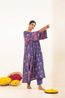 Royal Blue Hand-Block Printed Viscose Muslin Kurta Set