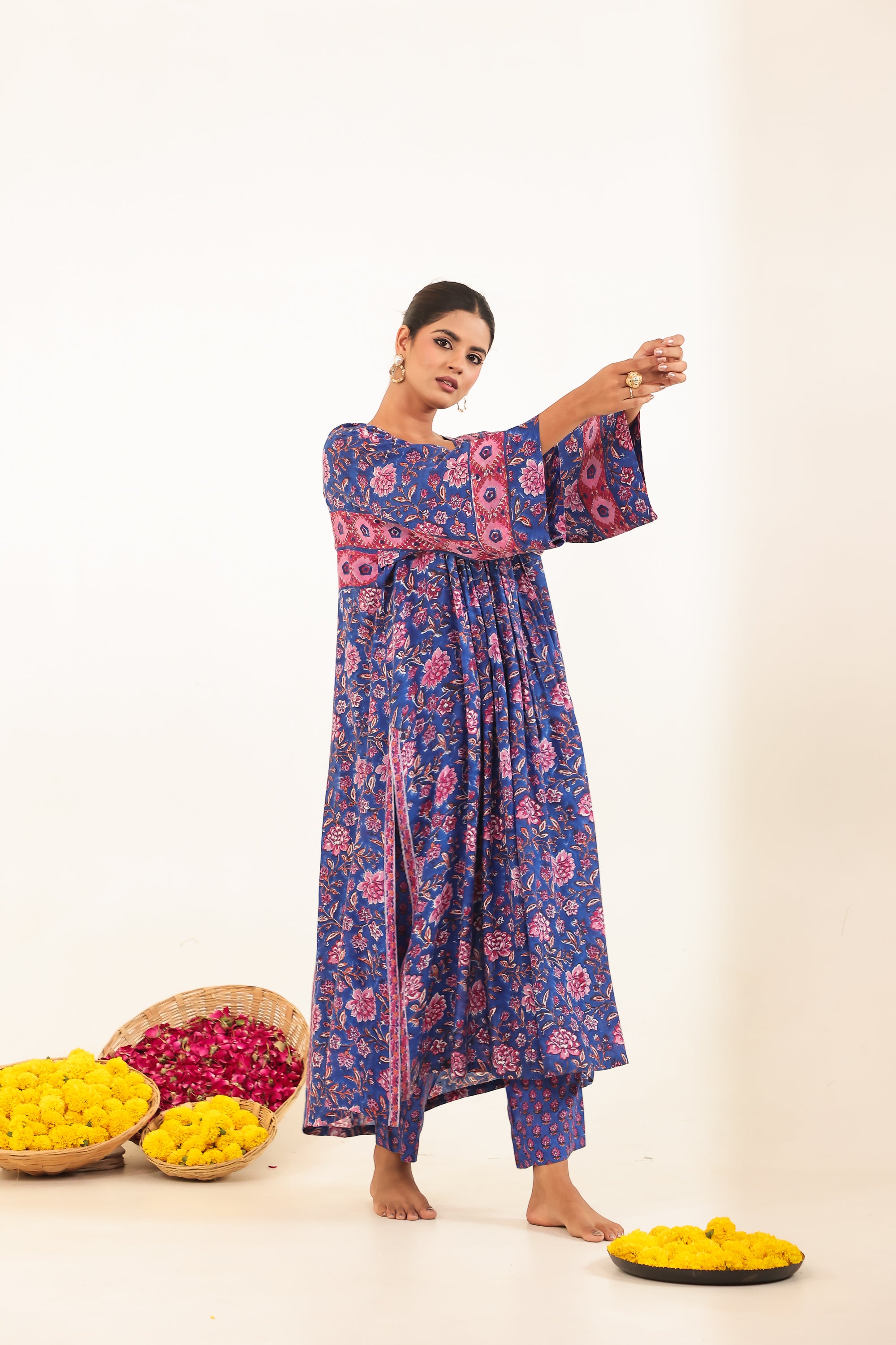 Royal Blue Hand-Block Printed Viscose Muslin Kurta Set