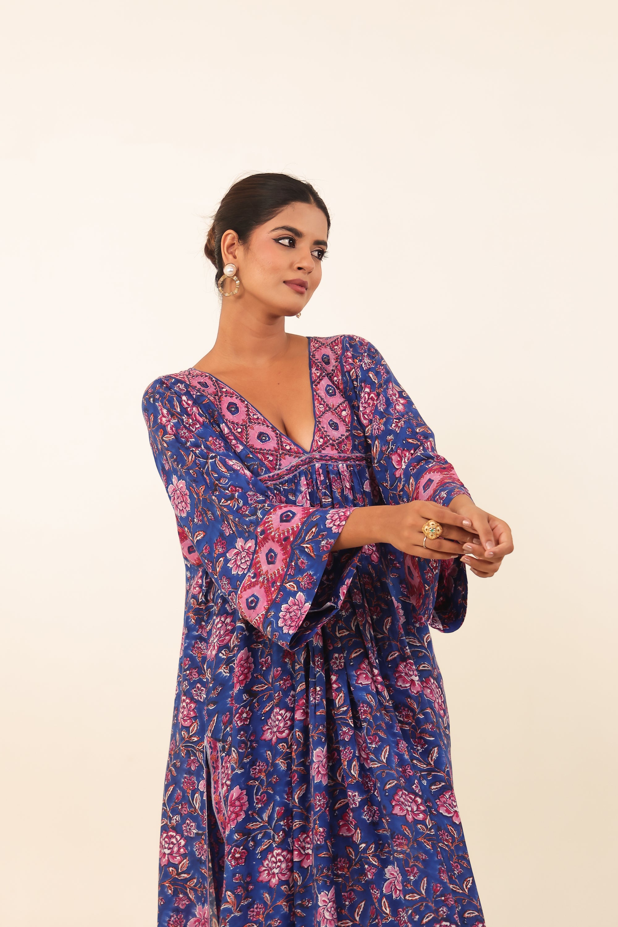 Royal Blue Hand-Block Printed Viscose Muslin Kurta Set