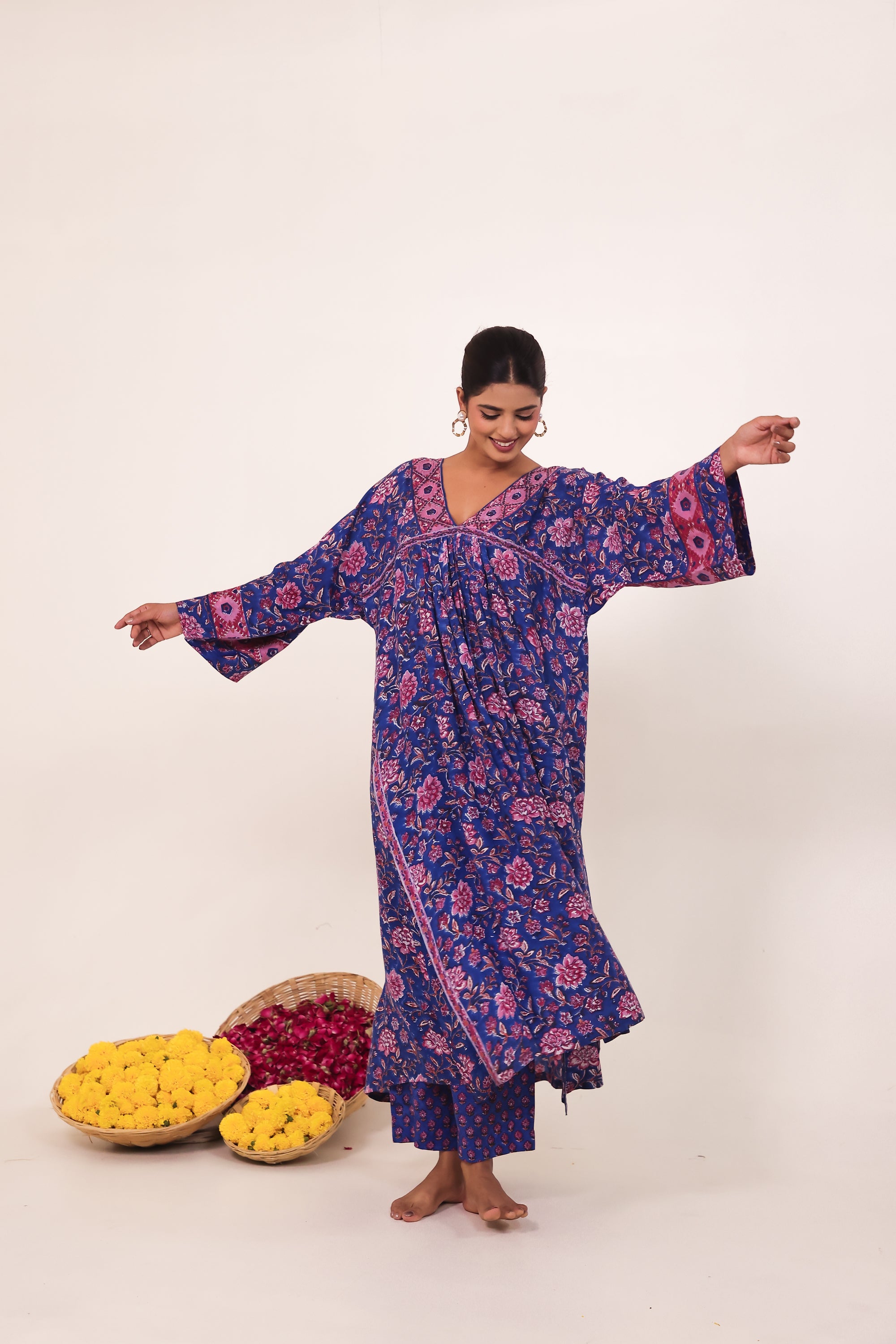 Royal Blue Hand-Block Printed Viscose Muslin Kurta Set